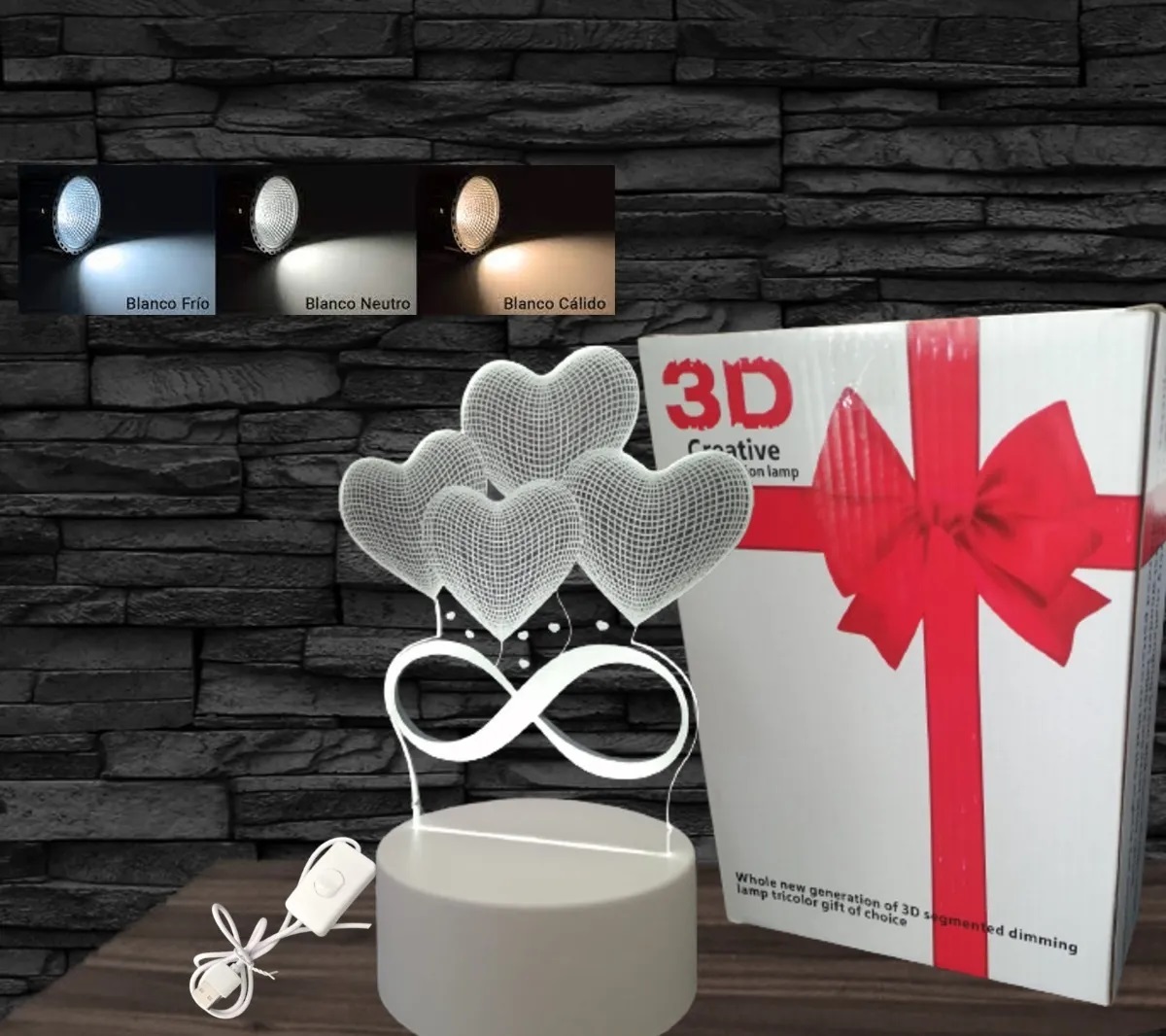 Lampara Led 3d Luz Nocturna Corazon Infinito Acrilico Regalo