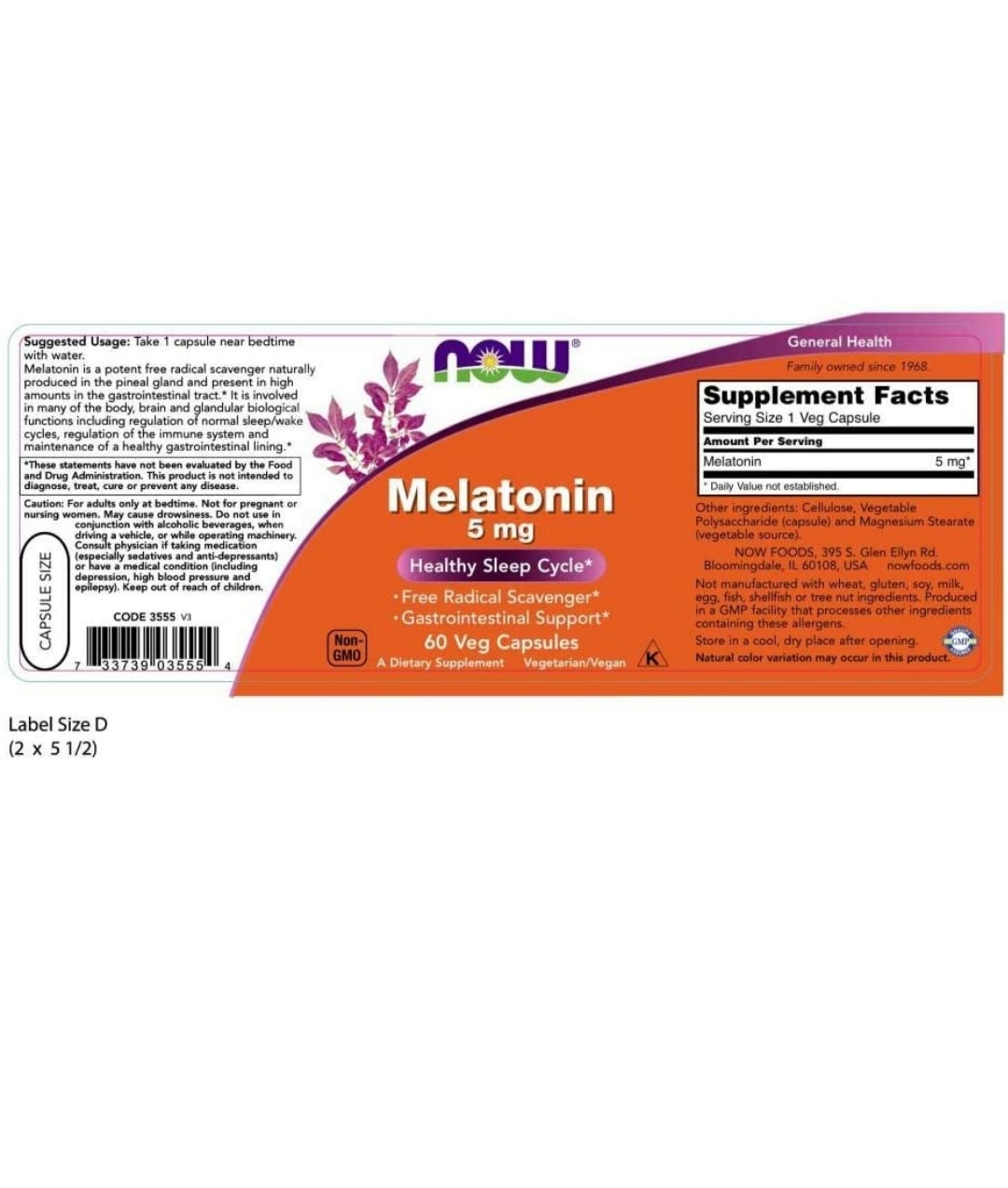 Melatonina 5 Mg 60 Cápsulas Veganas Now Foods