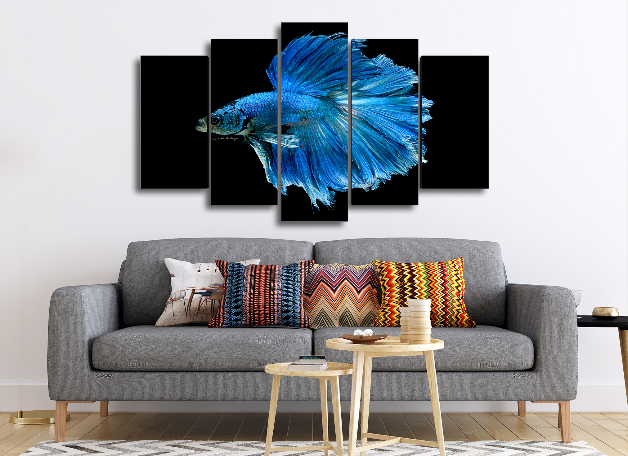 Cuadro Decorativo Animales Pez Betta Azul100x60cm 5pzs Cuadros MX