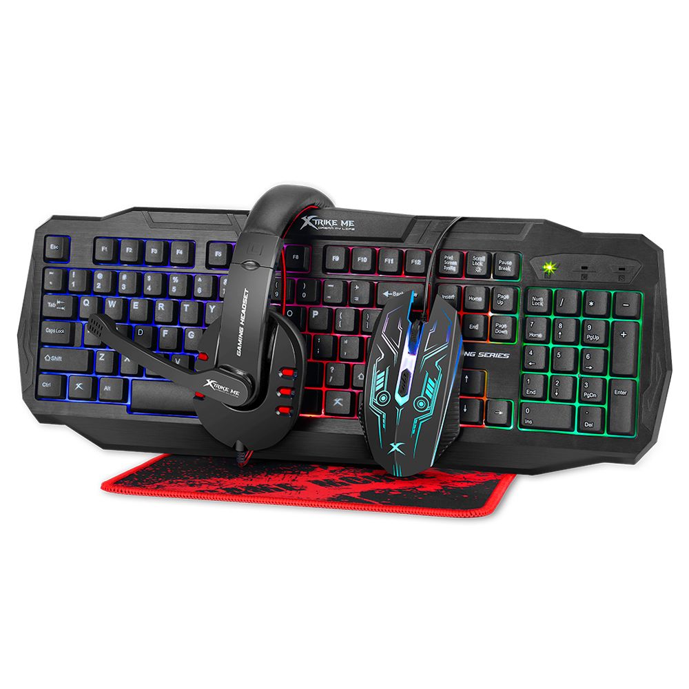 Combo Gamer 4 en 1 Teclado + Mouse + Audífonos + Mousepad Xtrike Me Color Negro