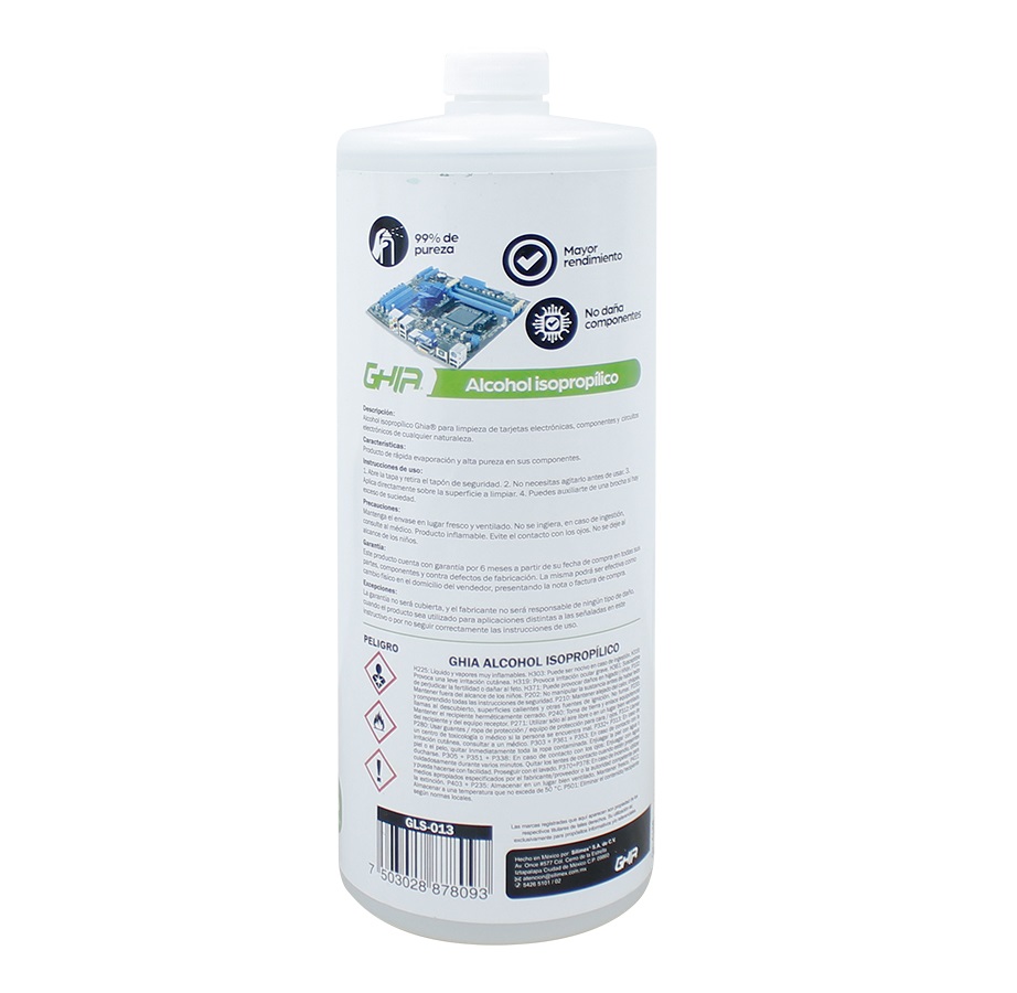 ALCOHOL ISOPROPILICO GHIA 1000ML LIMPIEZA CONSOLAS ELECTRONICOS PANTALLAS CELULARES SMART TV MAC