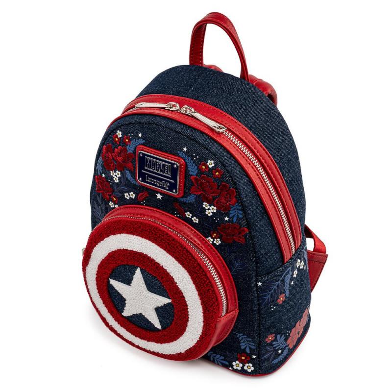 Loungefly X Marvel: Capitan America 80 Aniversario - Escudo y Flores Mini Mochila