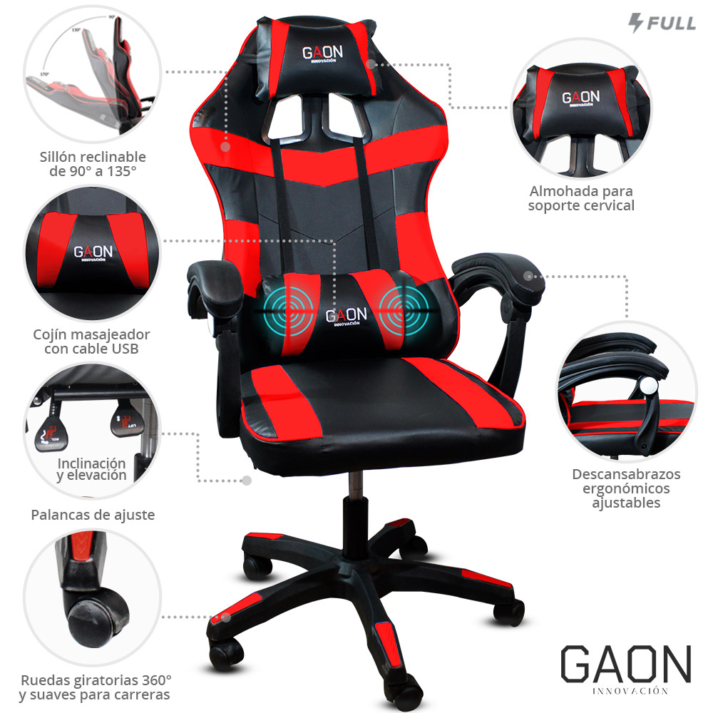 Silla Gamer Roja Profesional Reclinable Ergonómica Con Masajeador