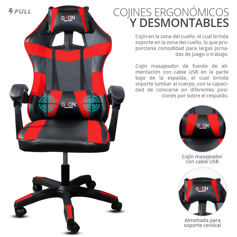 Silla Gamer Roja Profesional Reclinable Ergonómica Con Masajeador