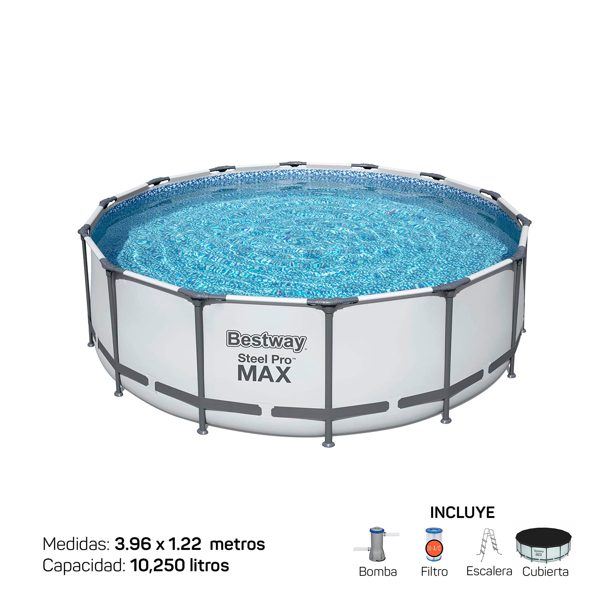 Alberca Estructural Redonda, Bestway de 396 x 122 cm, incluye Bomba, Cubierta y Escalera