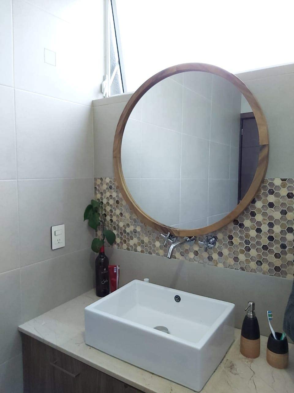 Espejo Redondo De Parota Premium, Espejo de Pared- 80 Cm