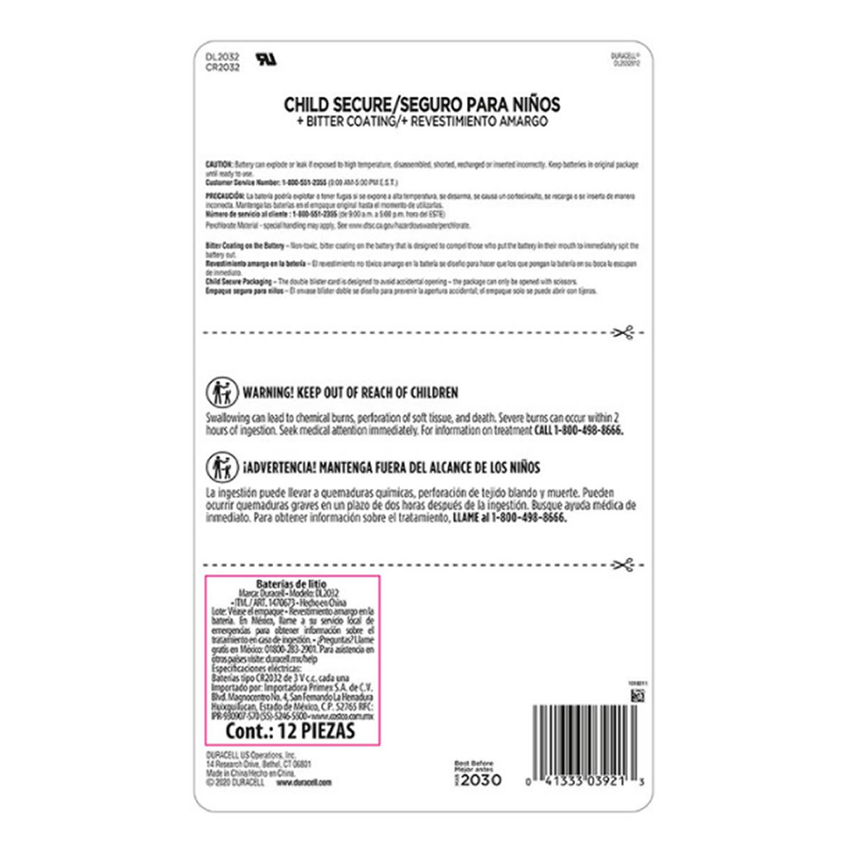 Duracell 2032 Batería de botón de litio, 12 pzas