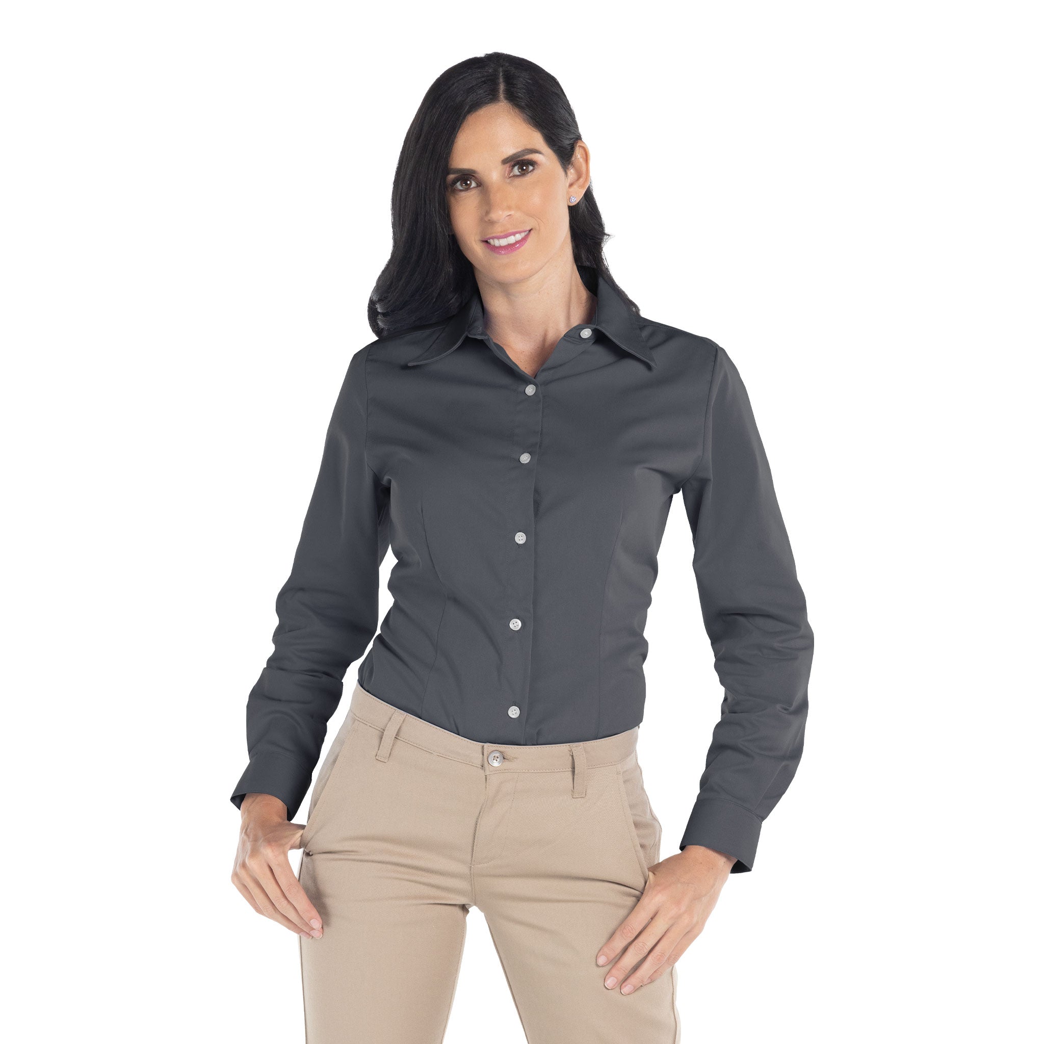 Camisa De Gabardina Manga Larga Con Silueta Para Dama