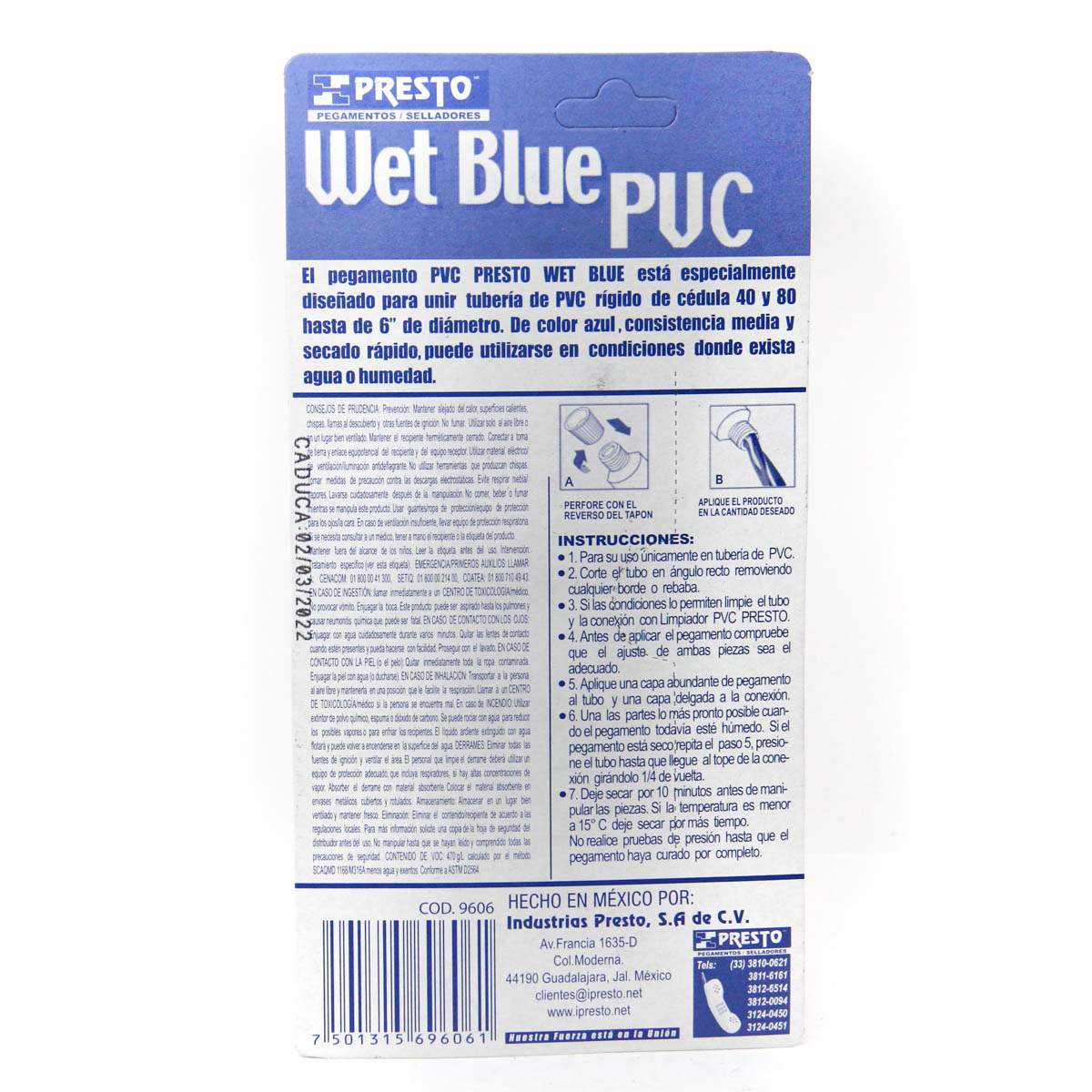 Pegamento para tuberias color azul -wet blue TUBO 60 ml