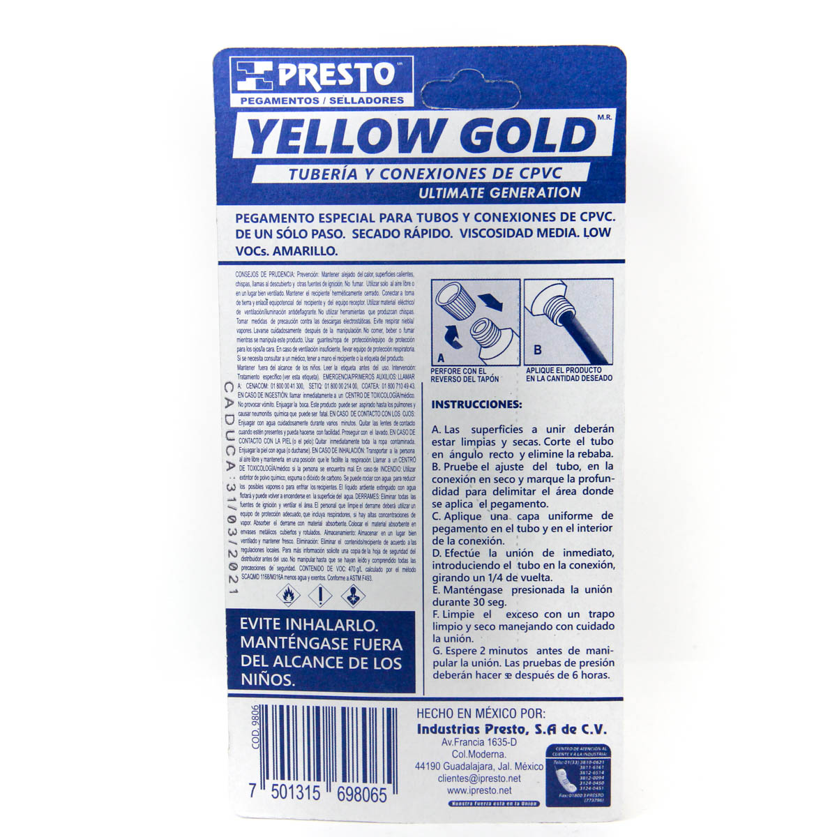 pegamento para tuberia agua caliente- cpvc yellow gold tubo 60 ml