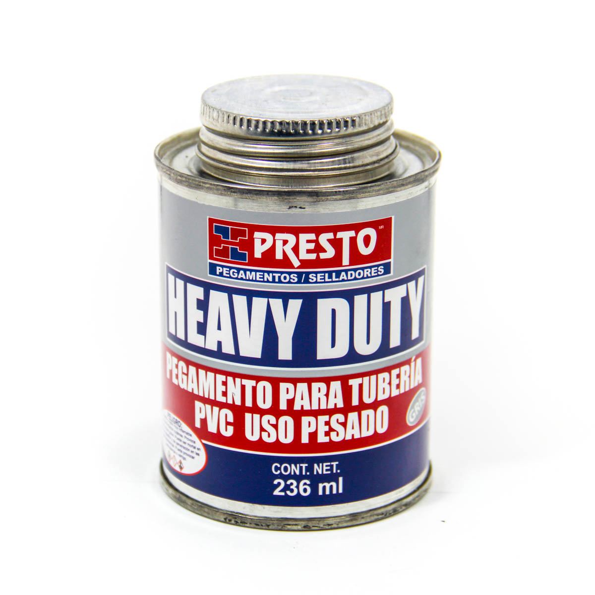 pegamento para tuberia uso pesado color gris PVC heavy duty presto lata de 236 ml