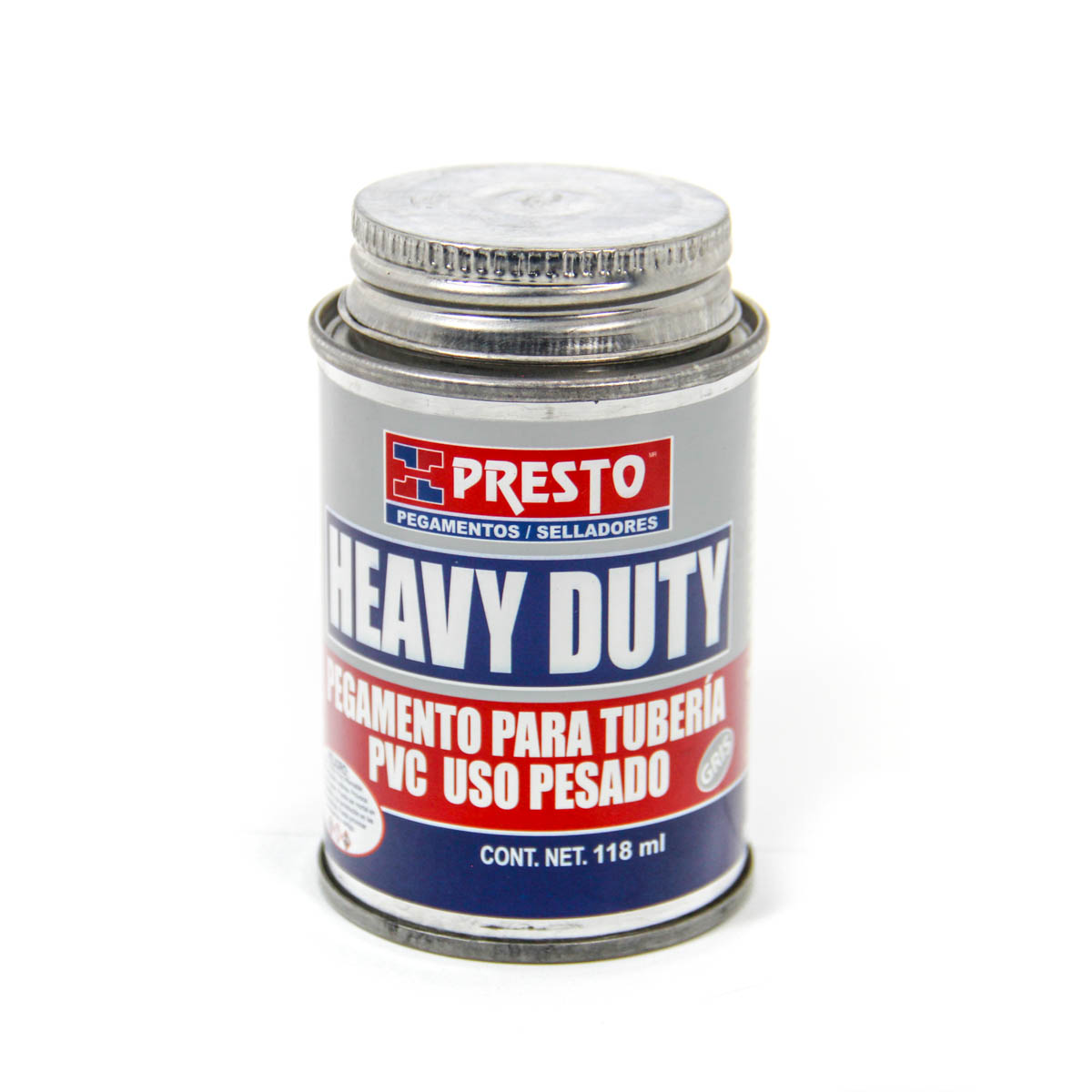 pegamento para tuberia uso pesado color gris PVC heavy duty presto lata de 118ml