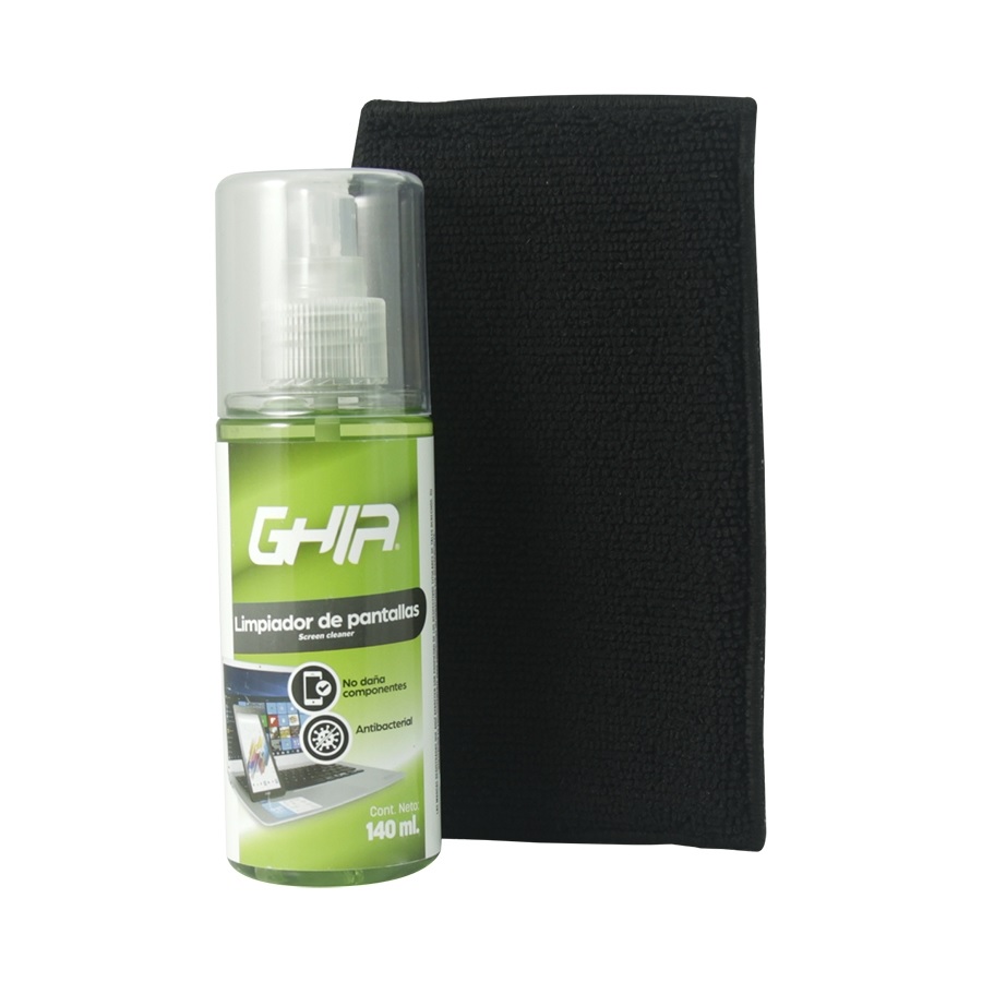 KIT DE LIMPIEZA PANTALLAS GHIA TOALLA TIPO ESPONJA Y LIQUIDO LIMPIADOR 140ML ANTIBACTERIAL PC MAC