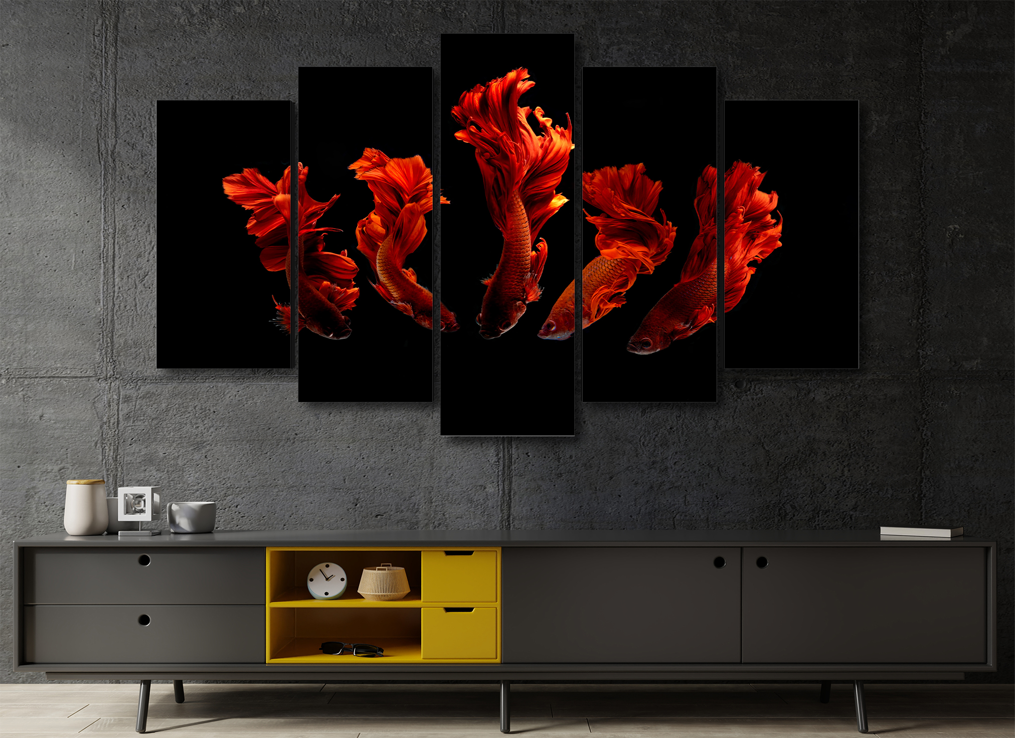 Cuadro Decorativo Animales Peces Rojos Fondo Negro100x60cm 5pzs Cuadros MX