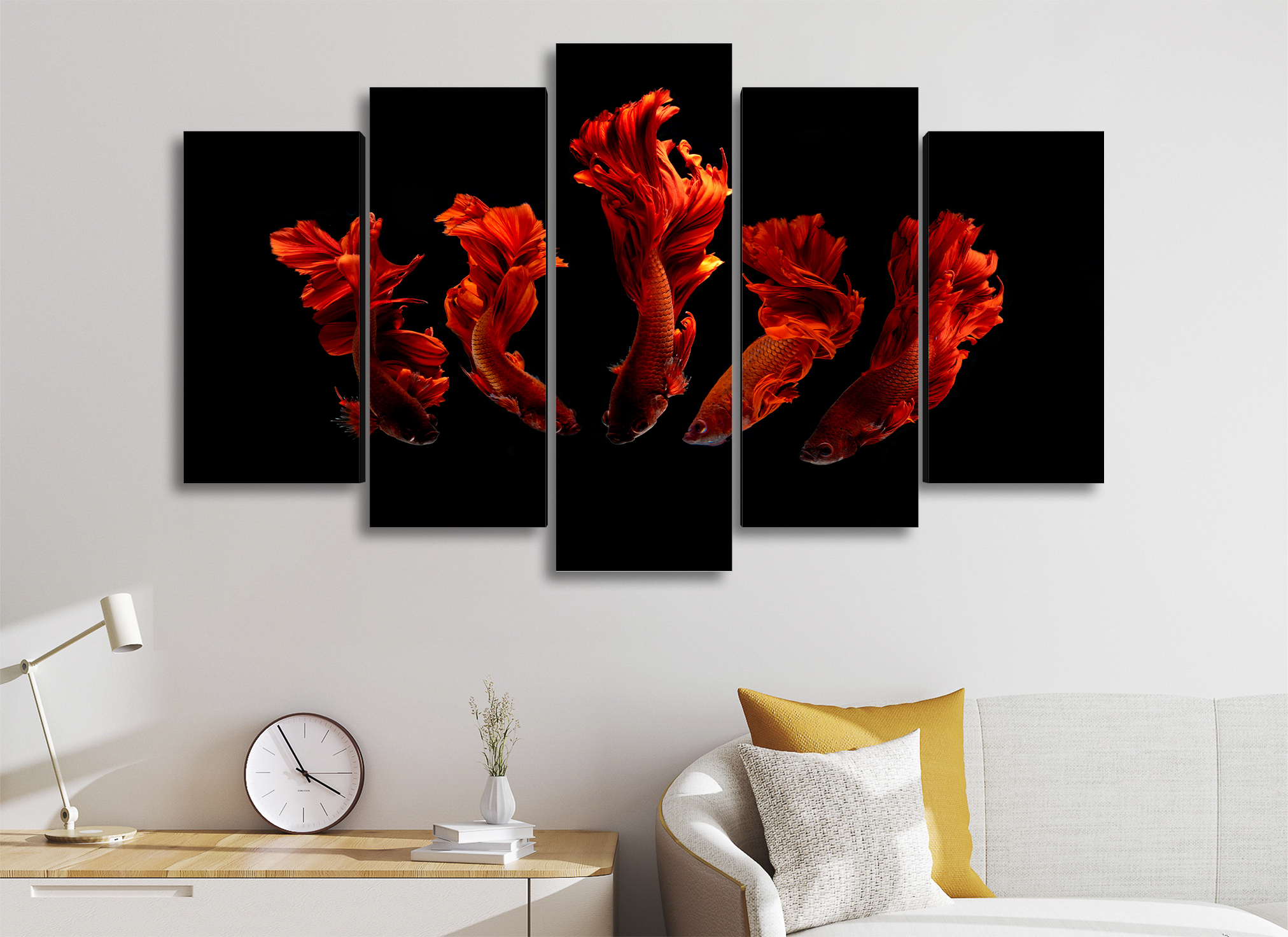 Cuadro Decorativo Animales Peces Rojos Fondo Negro100x60cm 5pzs Cuadros MX