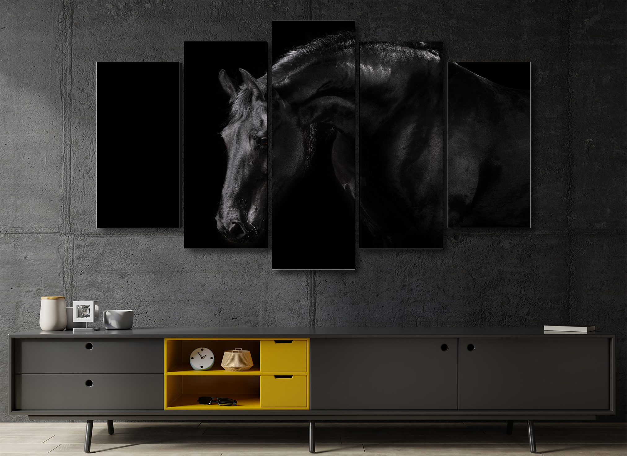 Cuadro Decorativo Animales Caballo Negro Fondo Negro100x60cm 5pzs Cuadros MX