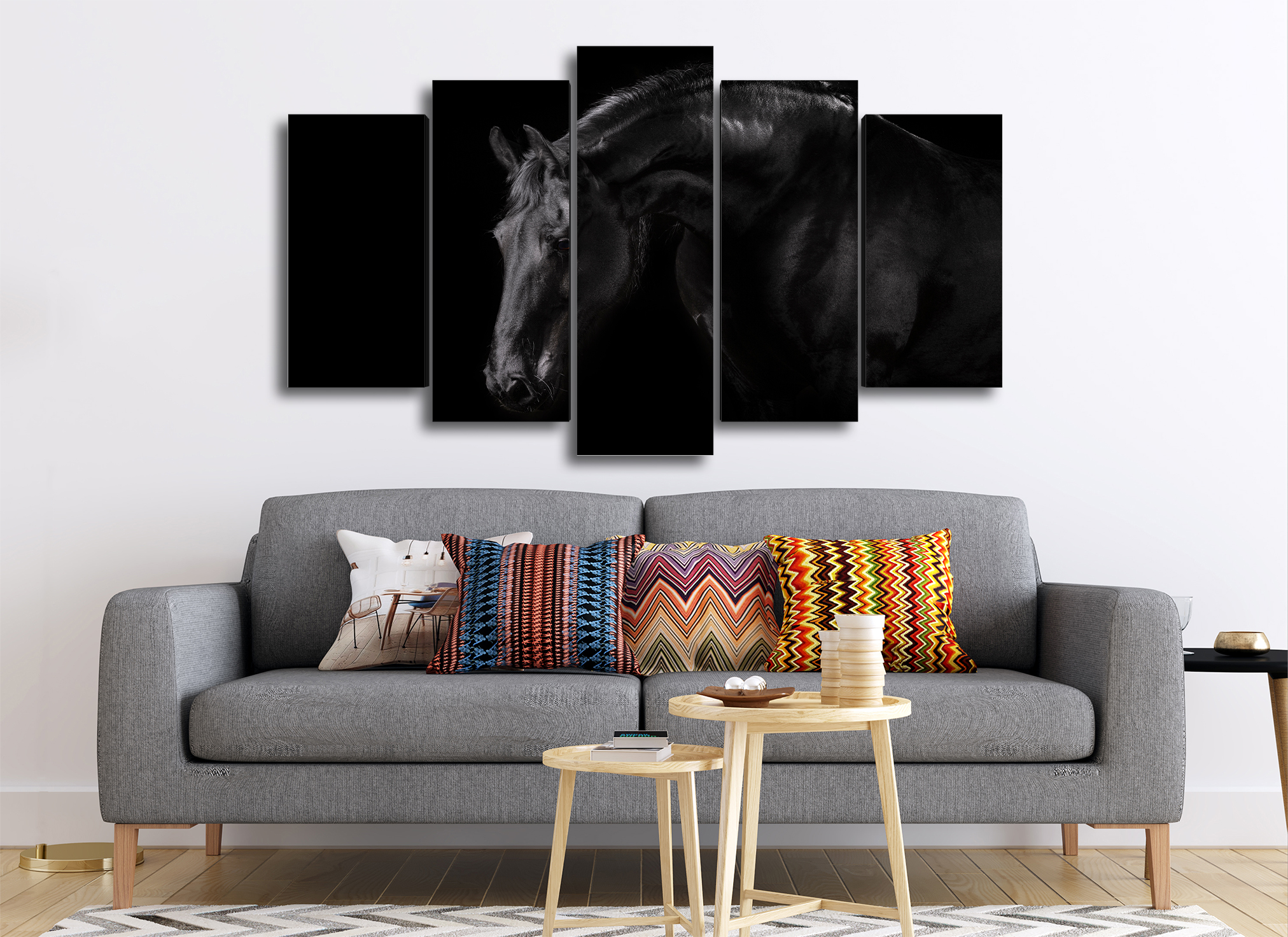 Cuadro Decorativo Animales Caballo Negro Fondo Negro100x60cm 5pzs Cuadros MX