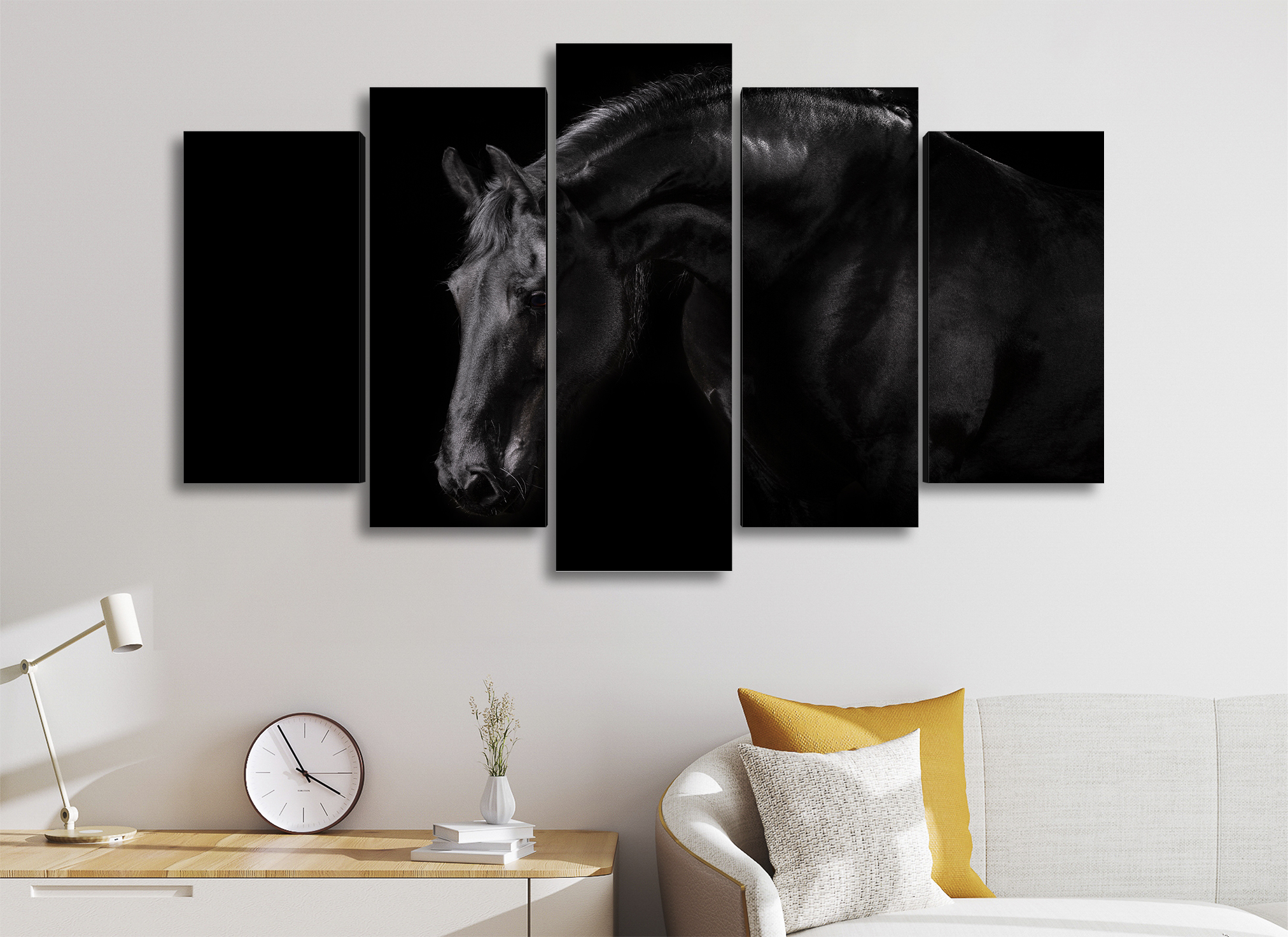 Cuadro Decorativo Animales Caballo Negro Fondo Negro100x60cm 5pzs Cuadros MX