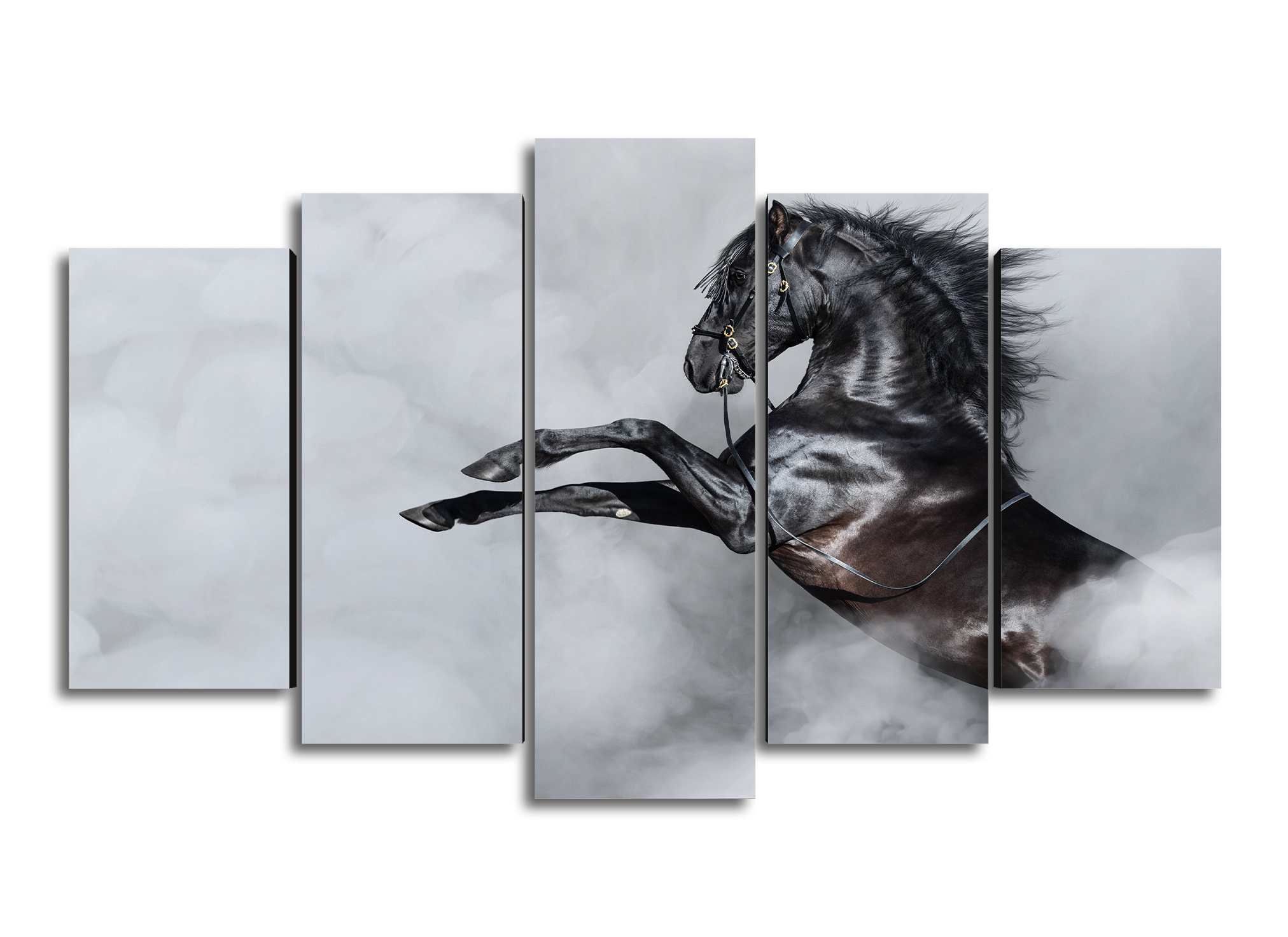 Cuadro Decorativo Animales Caballo Negro Fondo Humo Gris 100x60cm 5pzs Cuadros MX