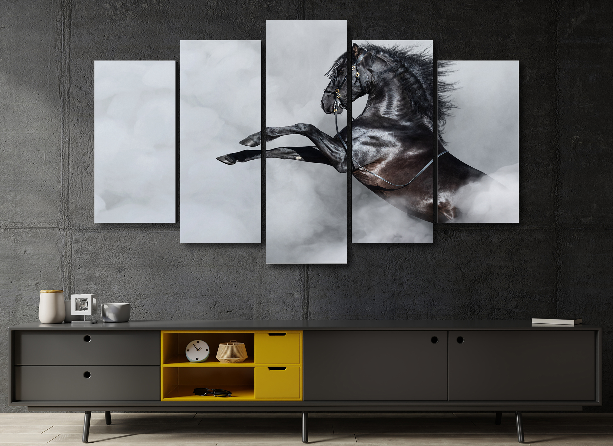 Cuadro Decorativo Animales Caballo Negro Fondo Humo Gris 100x60cm 5pzs Cuadros MX