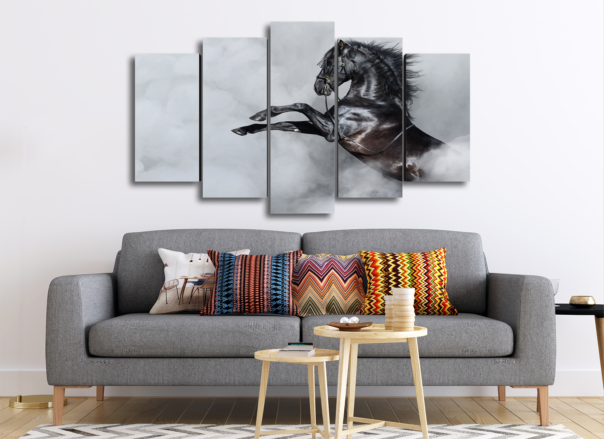 Cuadro Decorativo Animales Caballo Negro Fondo Humo Gris 100x60cm 5pzs Cuadros MX
