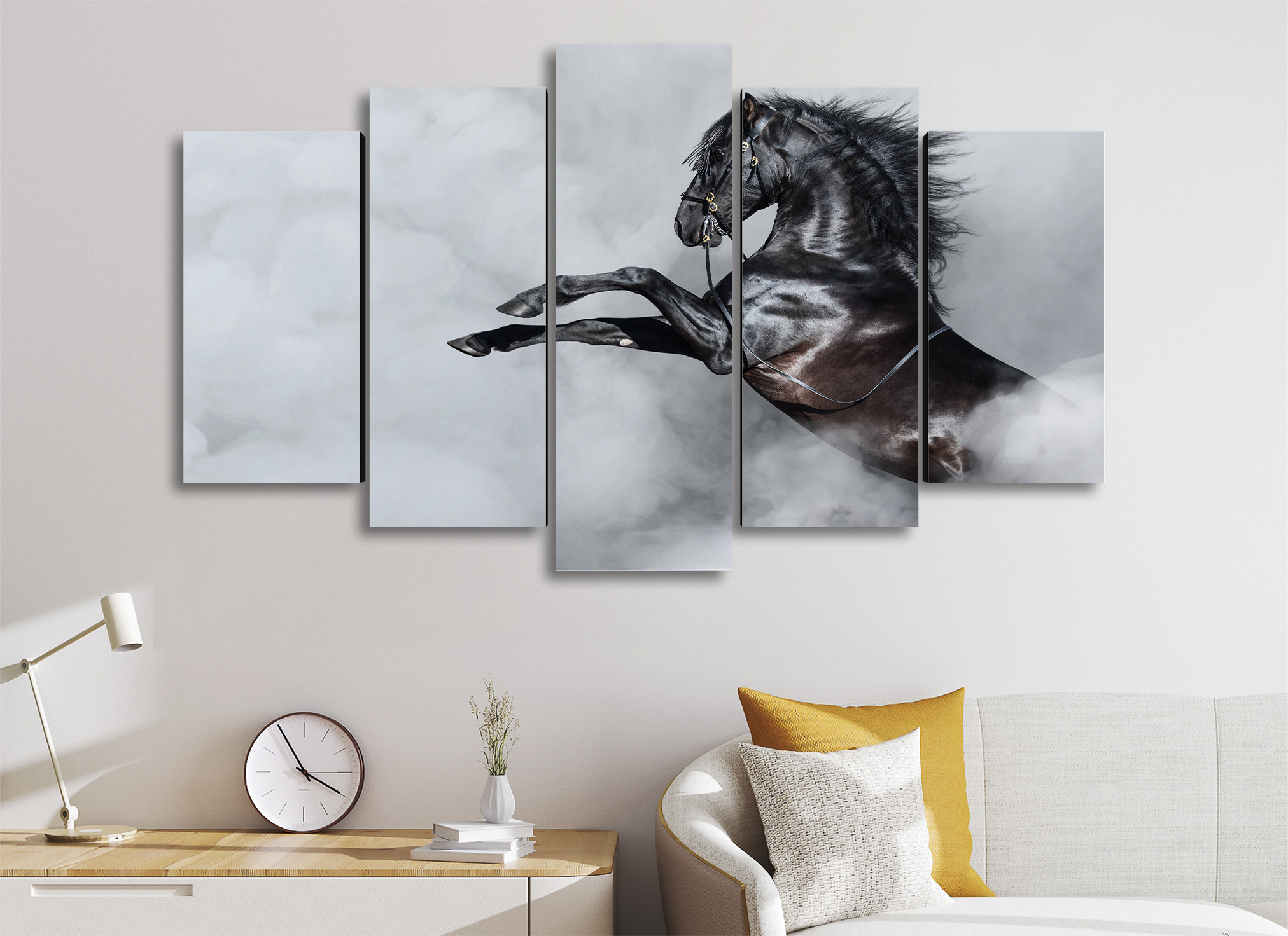 Cuadro Decorativo Animales Caballo Negro Fondo Humo Gris 100x60cm 5pzs Cuadros MX