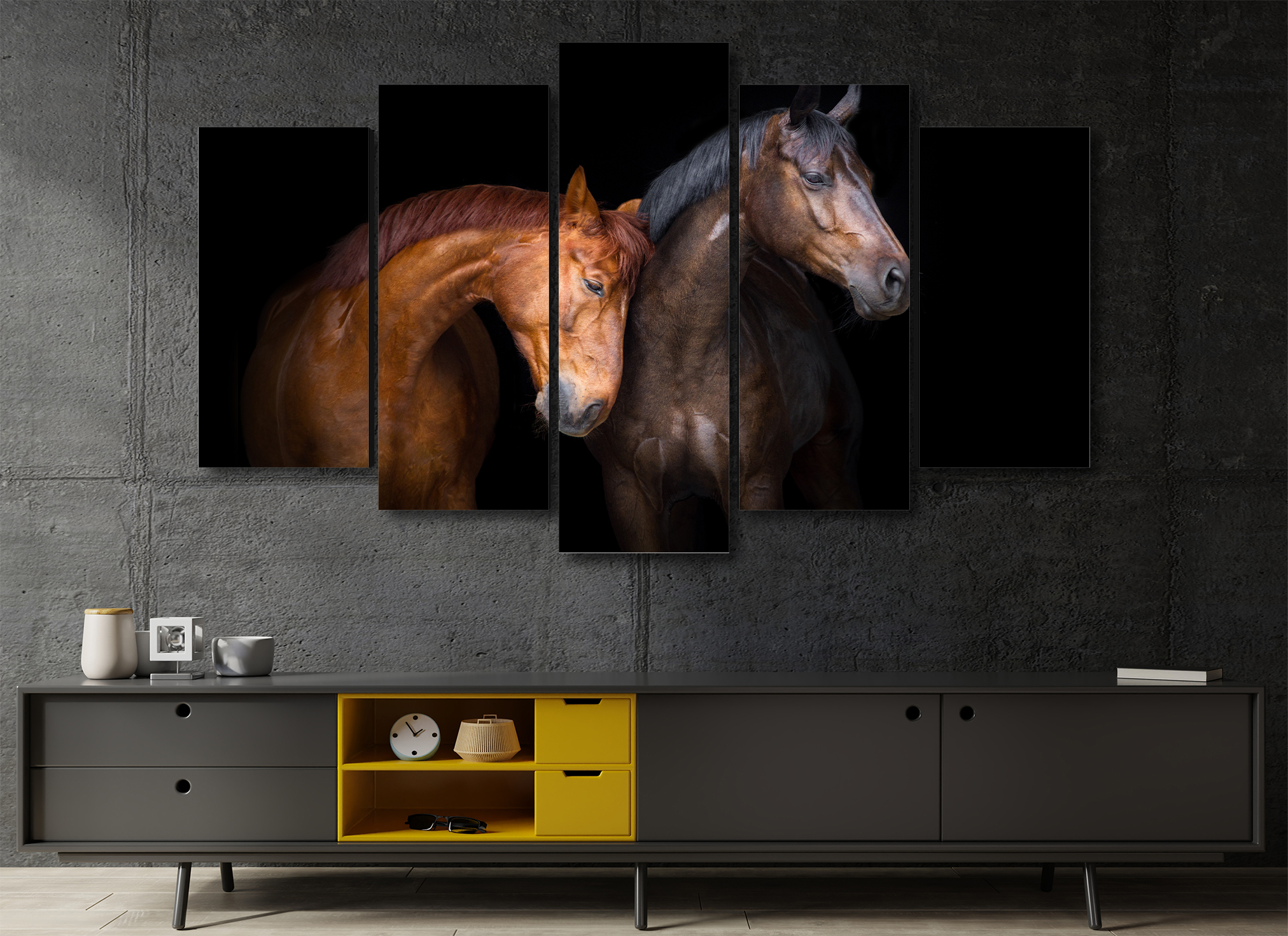 Cuadro Decorativo Animales Caballos Negro/Marron Fondo Negro 100x60cm 5pzs Cuadros MX