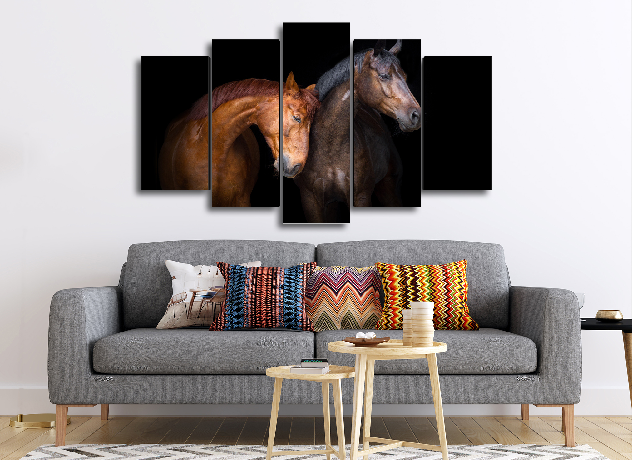 Cuadro Decorativo Animales Caballos Negro/Marron Fondo Negro 100x60cm 5pzs Cuadros MX