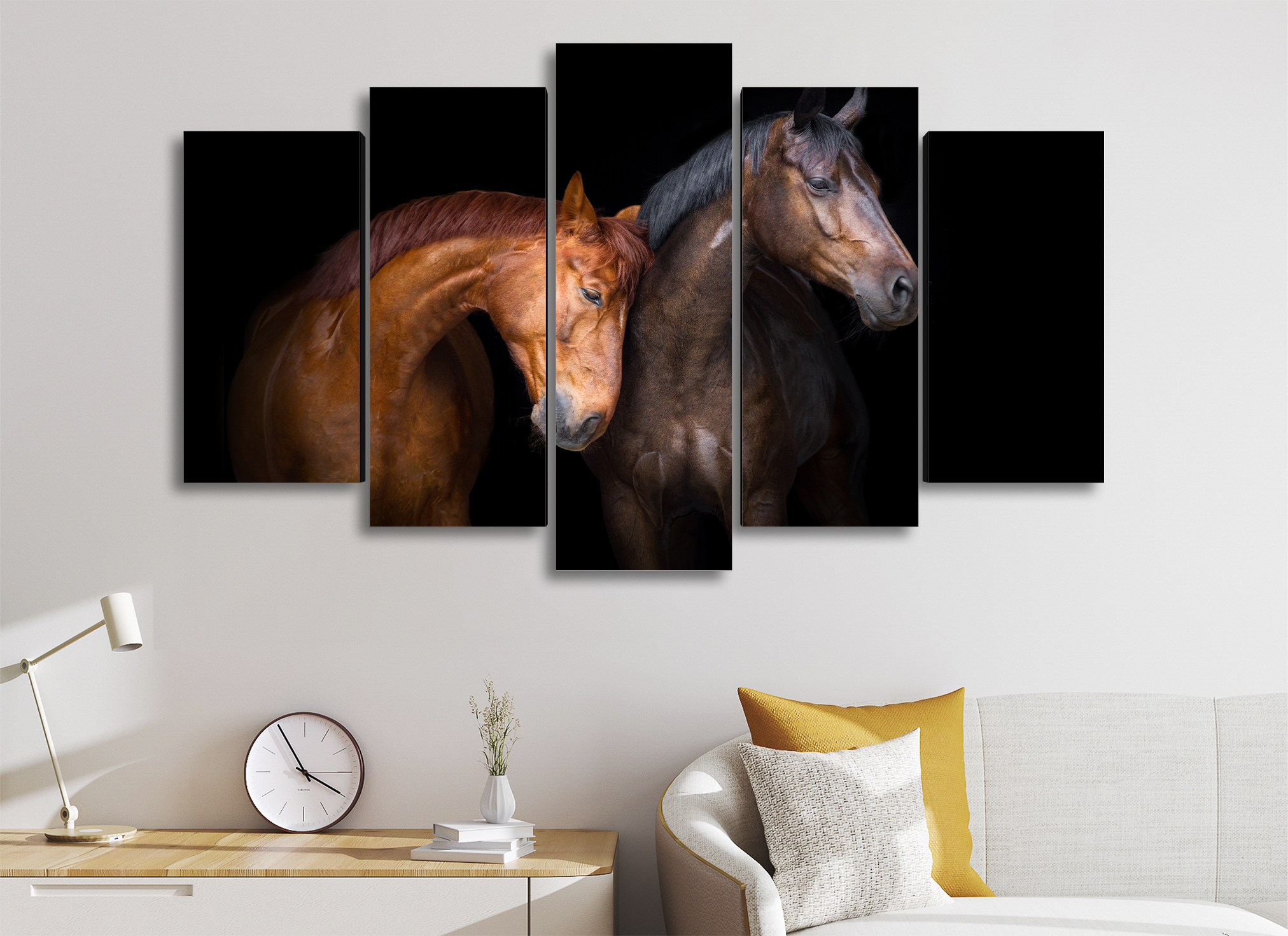 Cuadro Decorativo Animales Caballos Negro/Marron Fondo Negro 100x60cm 5pzs Cuadros MX