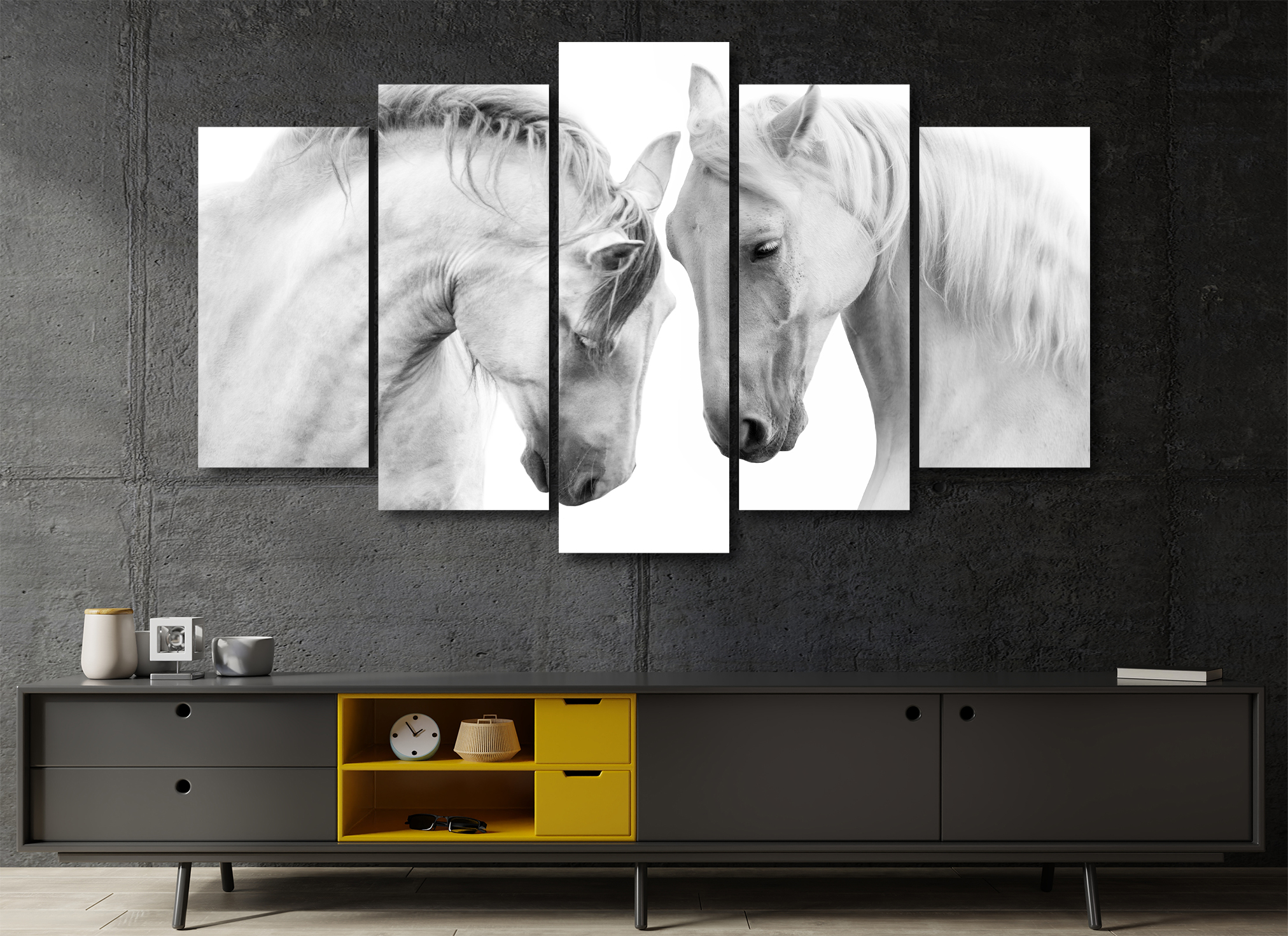 Cuadro Decorativo Animales Caballos Blancos Fondo Blanco 100x60cm 5pzs Cuadros MX