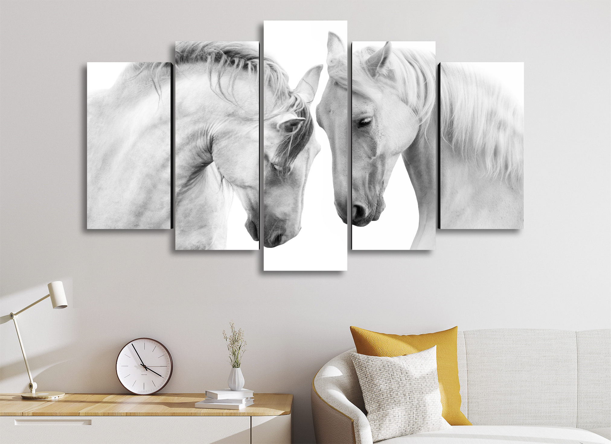 Cuadro Decorativo Animales Caballos Blancos Fondo Blanco 100x60cm 5pzs Cuadros MX