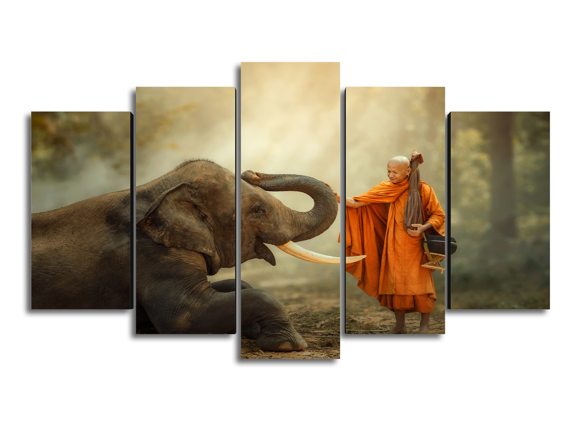 Cuadro Decorativo Animales Elefante Monje Budista 100x60cm 5pzs Cuadros MX