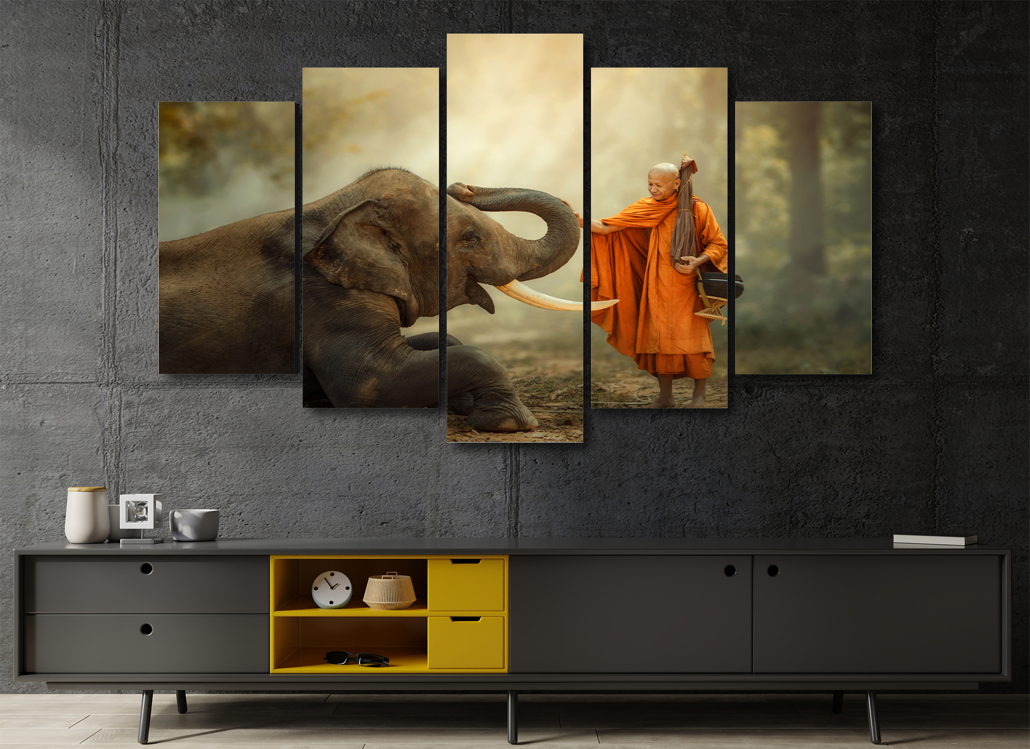 Cuadro Decorativo Animales Elefante Monje Budista 100x60cm 5pzs Cuadros MX