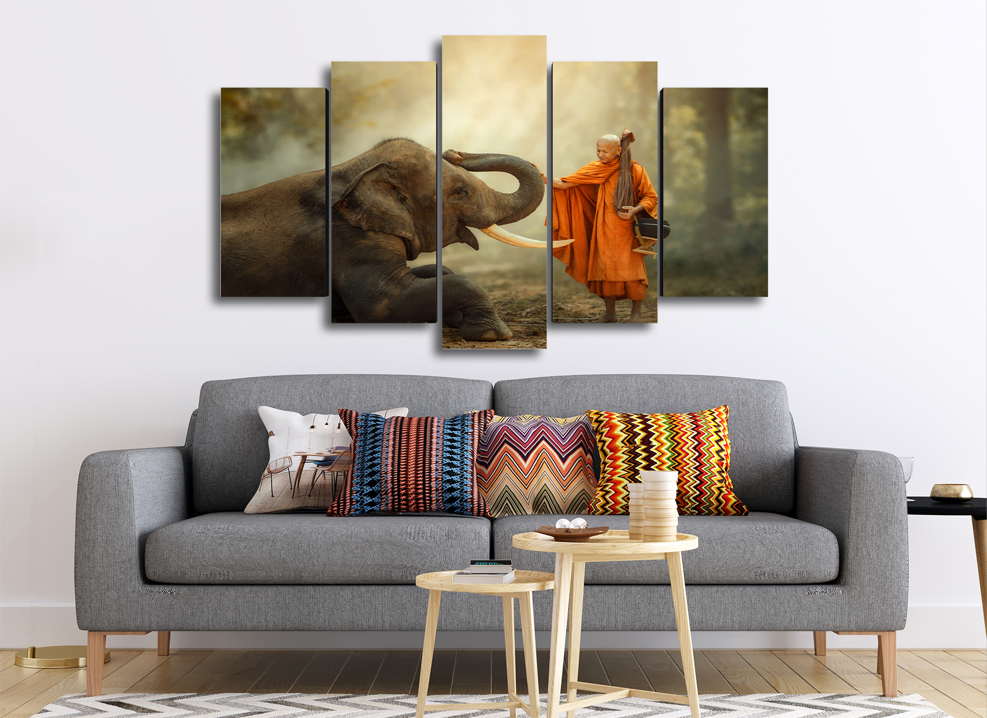 Cuadro Decorativo Animales Elefante Monje Budista 100x60cm 5pzs Cuadros MX