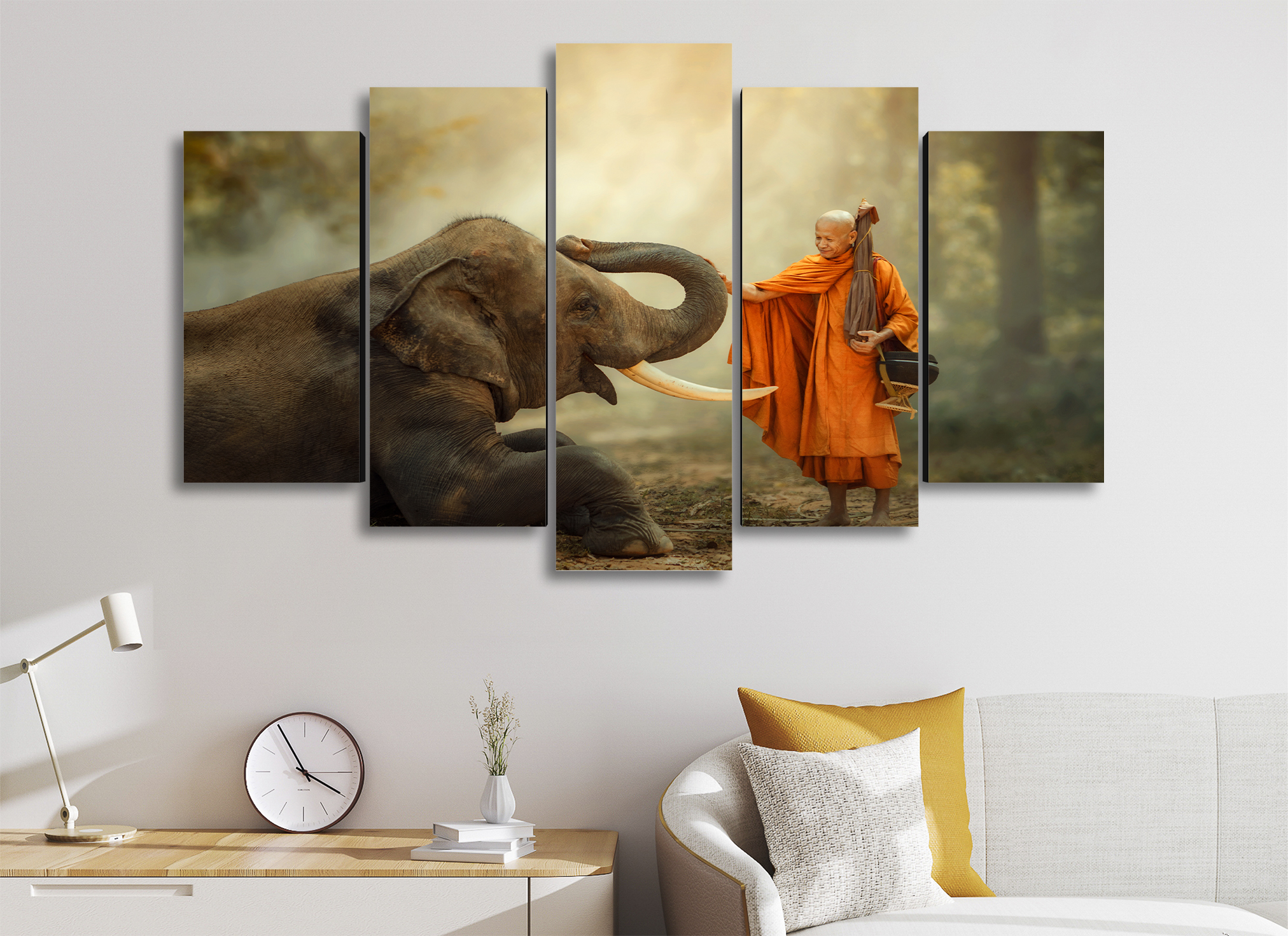 Cuadro Decorativo Animales Elefante Monje Budista 100x60cm 5pzs Cuadros MX