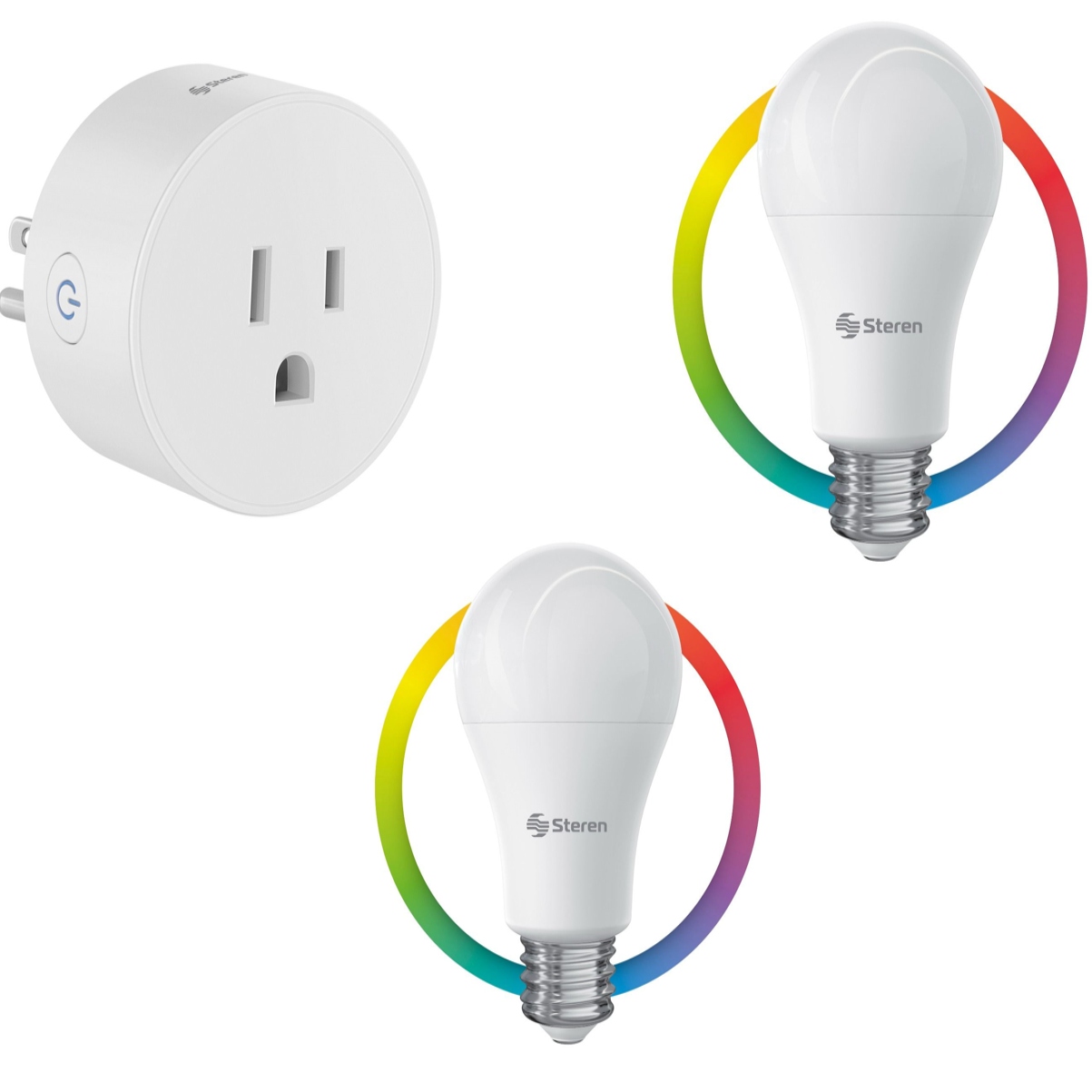 Focos LED RGb Smart WI-FI y Contacto WI-FI Steren Paquete Ilumina tu Casa Smart PK-SH-3CL