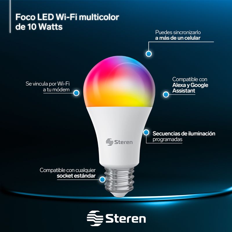 Focos LED RGb Smart WI-FI y Contacto WI-FI Steren Paquete Ilumina tu Casa Smart PK-SH-3CL
