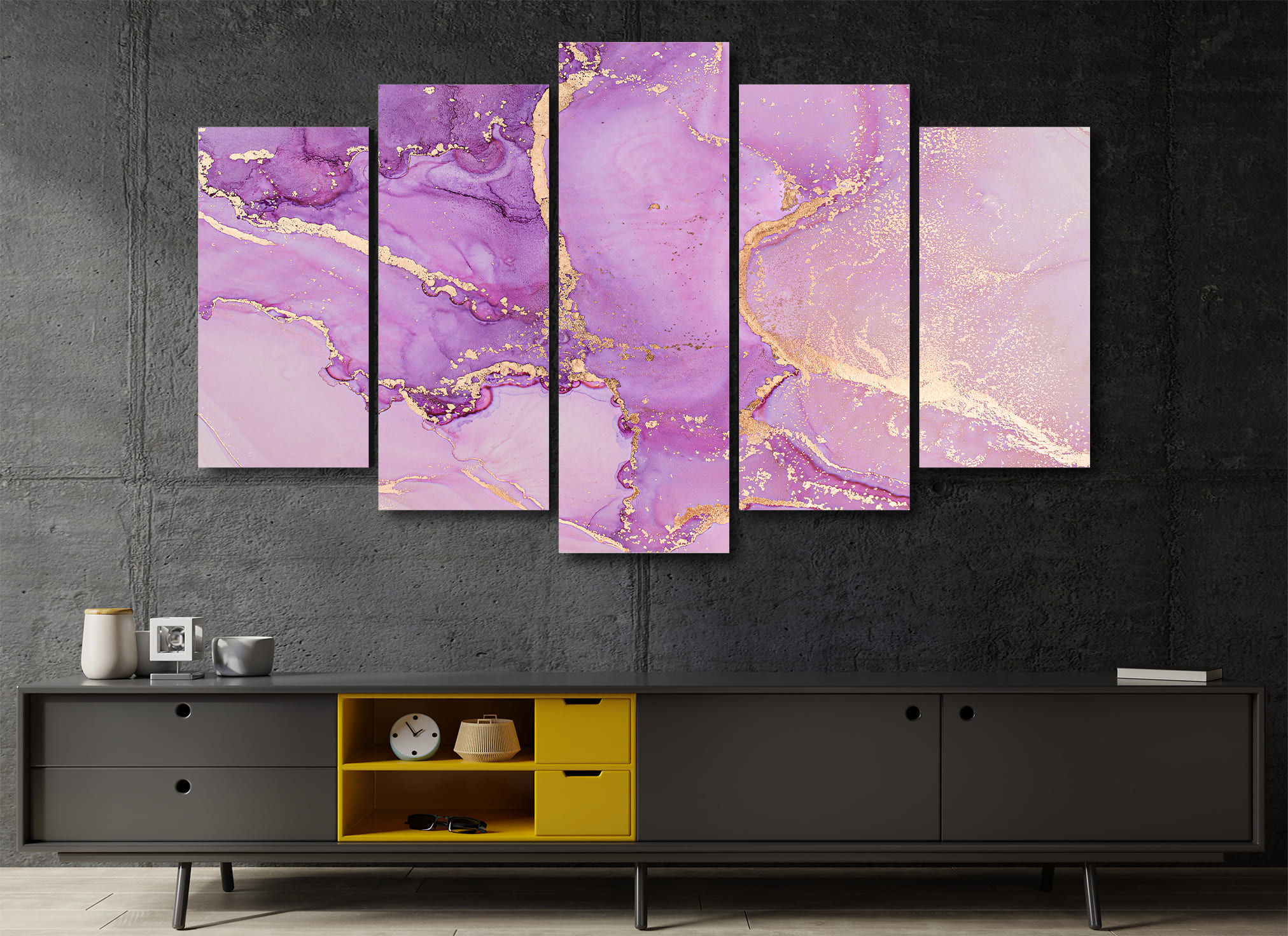 Cuadro Decorativo Abstracto Purpura Oro Moderno 100x60cm 5pzs Cuadros MX
