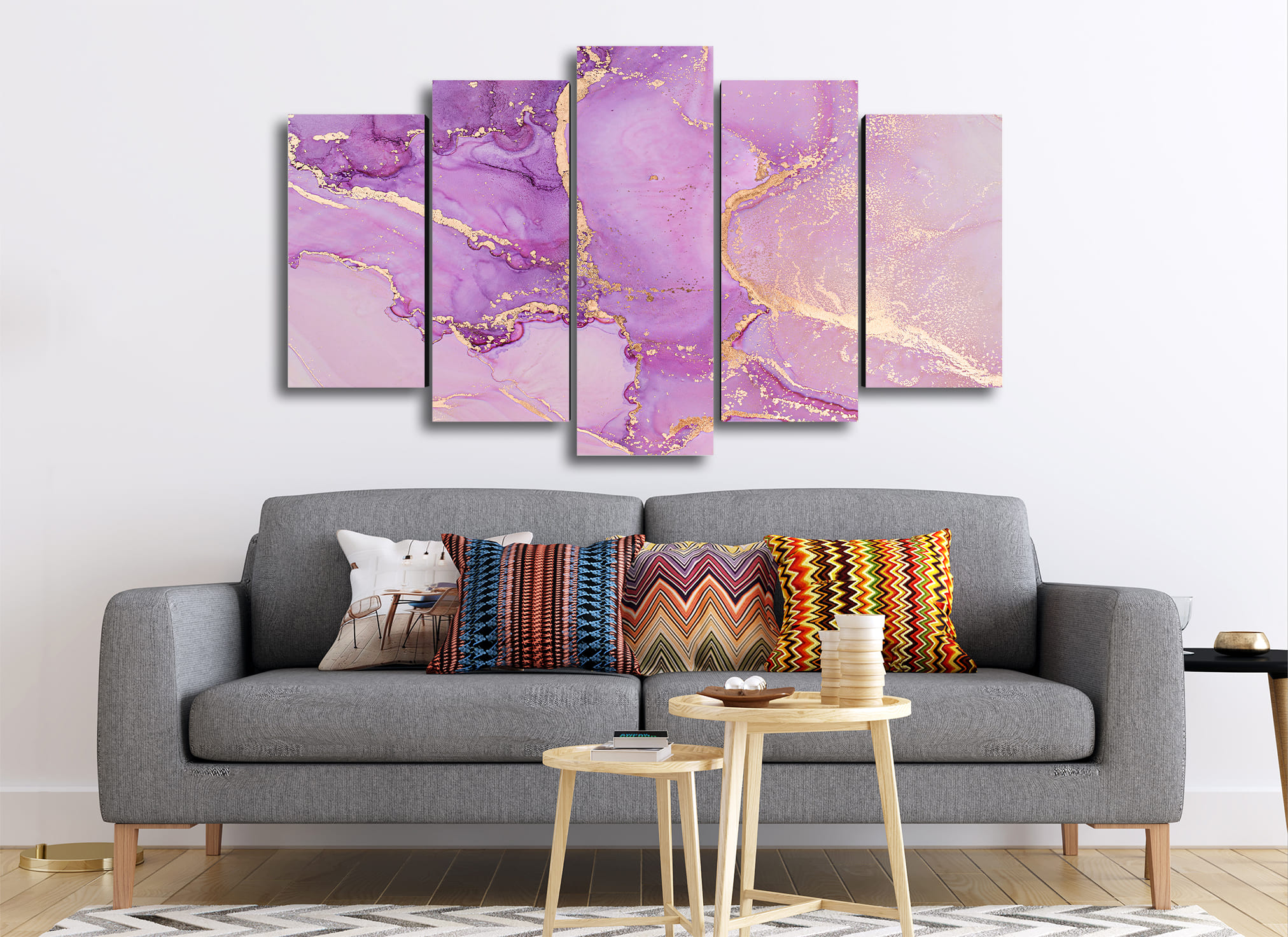 Cuadro Decorativo Abstracto Purpura Oro Moderno 100x60cm 5pzs Cuadros MX