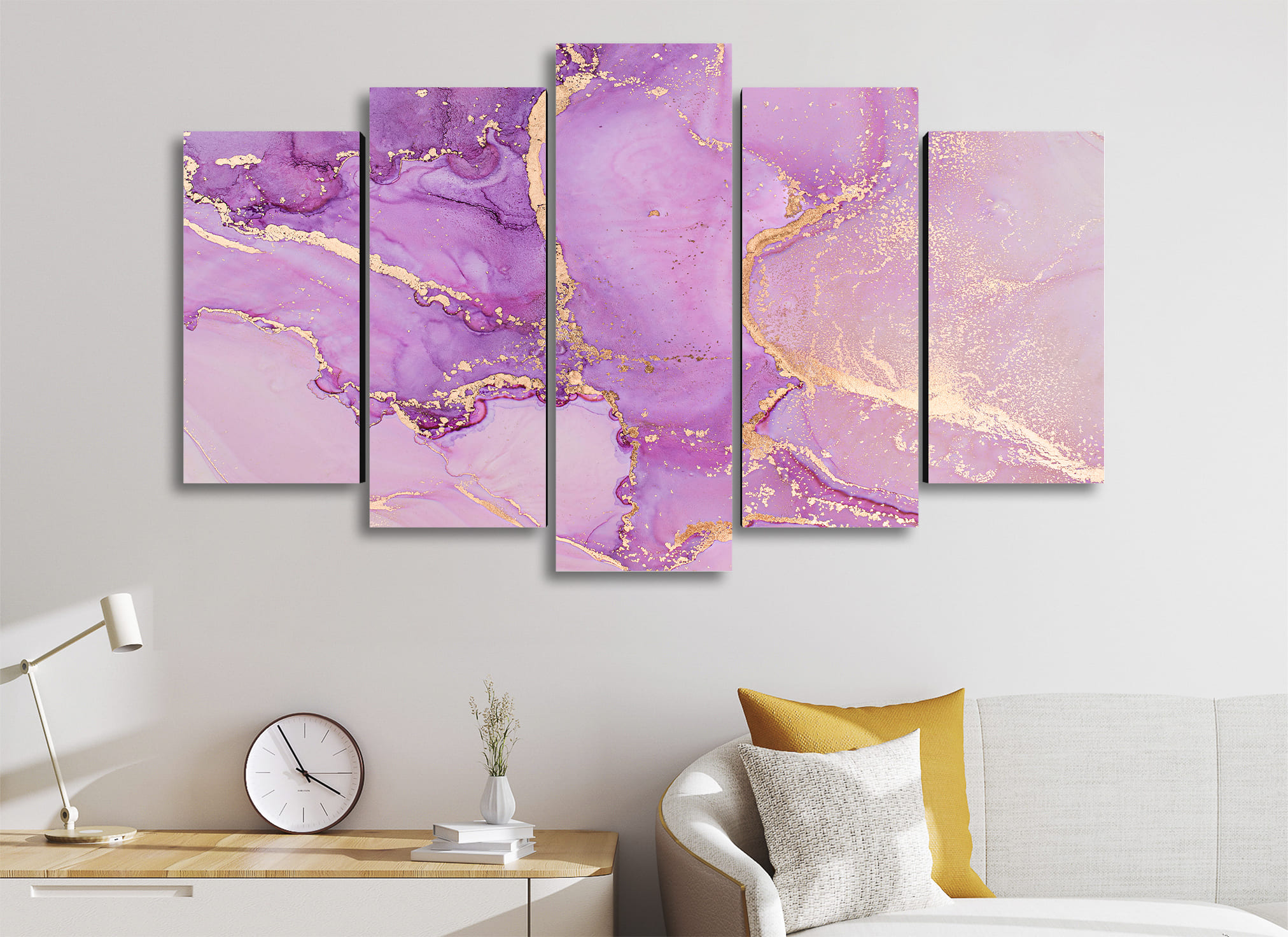 Cuadro Decorativo Abstracto Purpura Oro Moderno 100x60cm 5pzs Cuadros MX