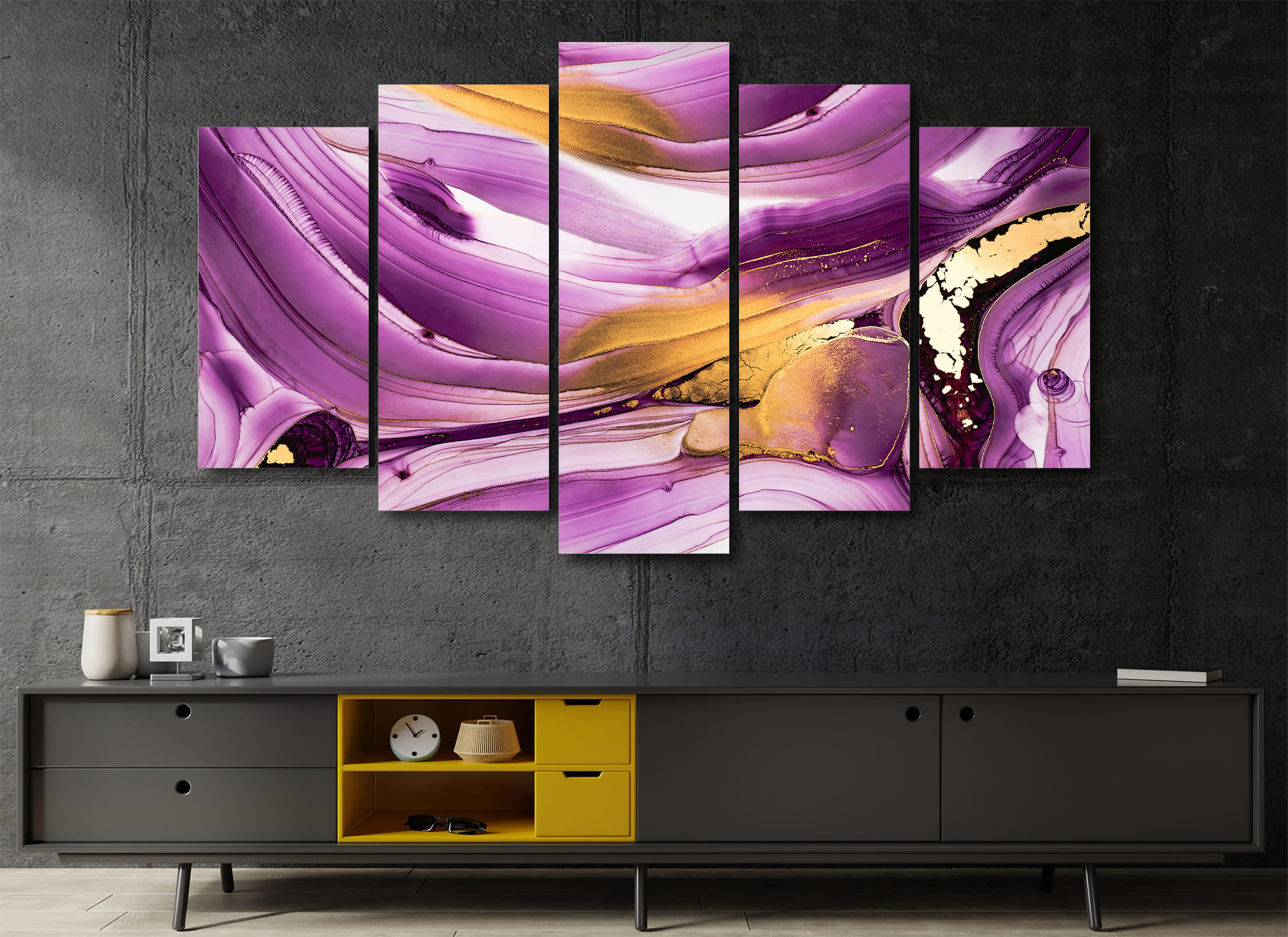 Cuadro Decorativo Abstracto Violeta Oro Moderno 100x60cm 5pzs Cuadros MX