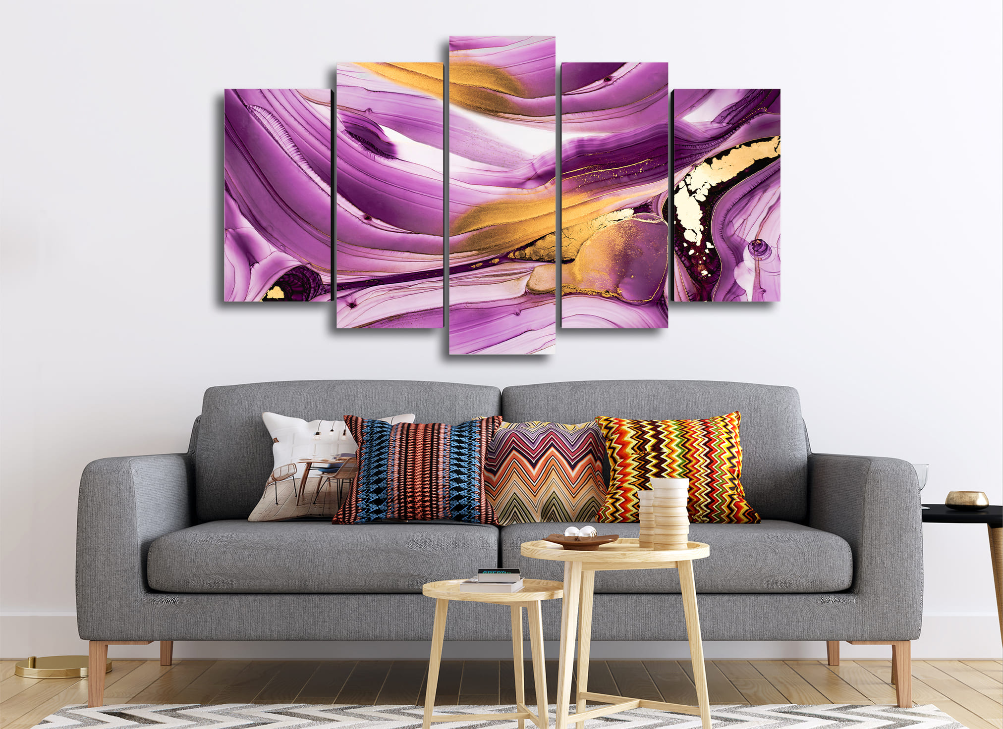 Cuadro Decorativo Abstracto Violeta Oro Moderno 100x60cm 5pzs Cuadros MX