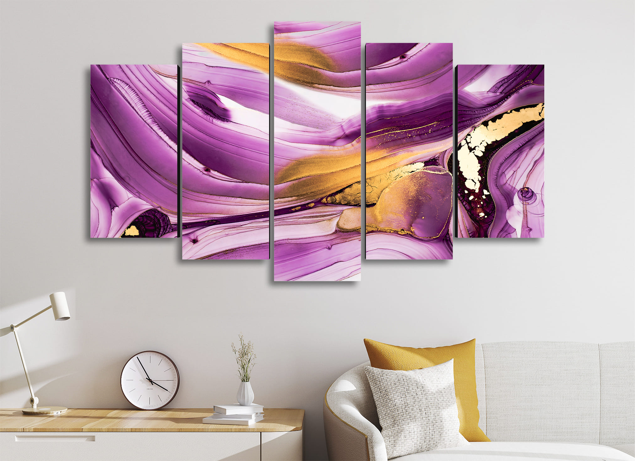 Cuadro Decorativo Abstracto Violeta Oro Moderno 100x60cm 5pzs Cuadros MX