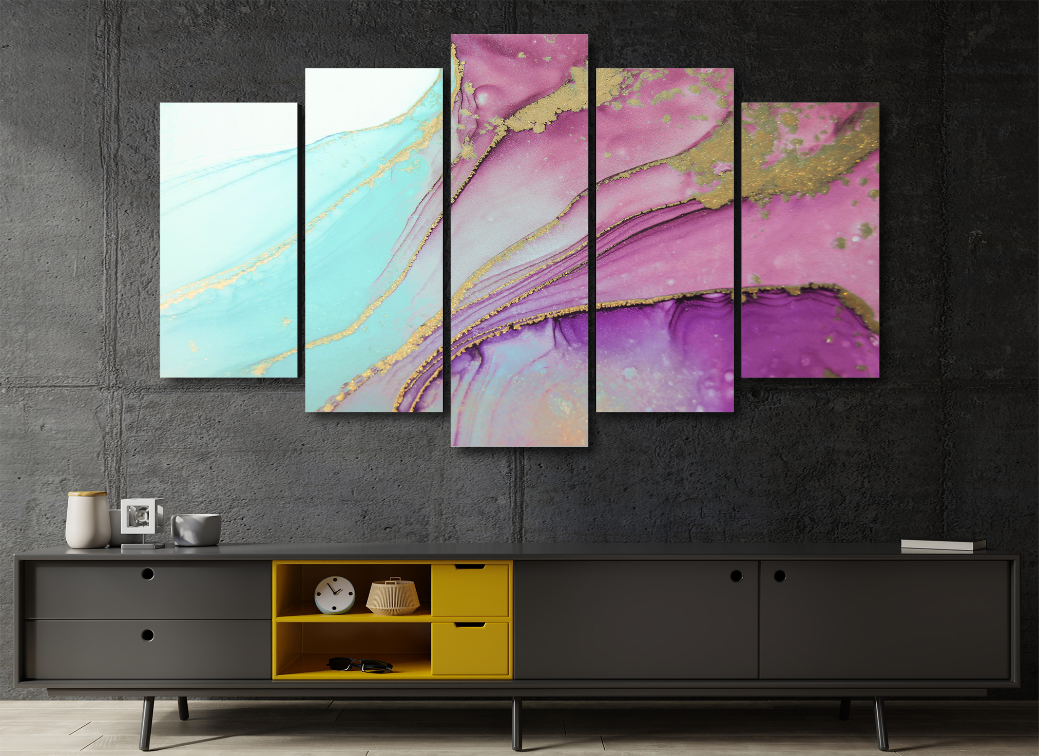 Cuadro Decorativo Abstracto Moderno Oro Violeta 100x60cm 5pzs Cuadros MX