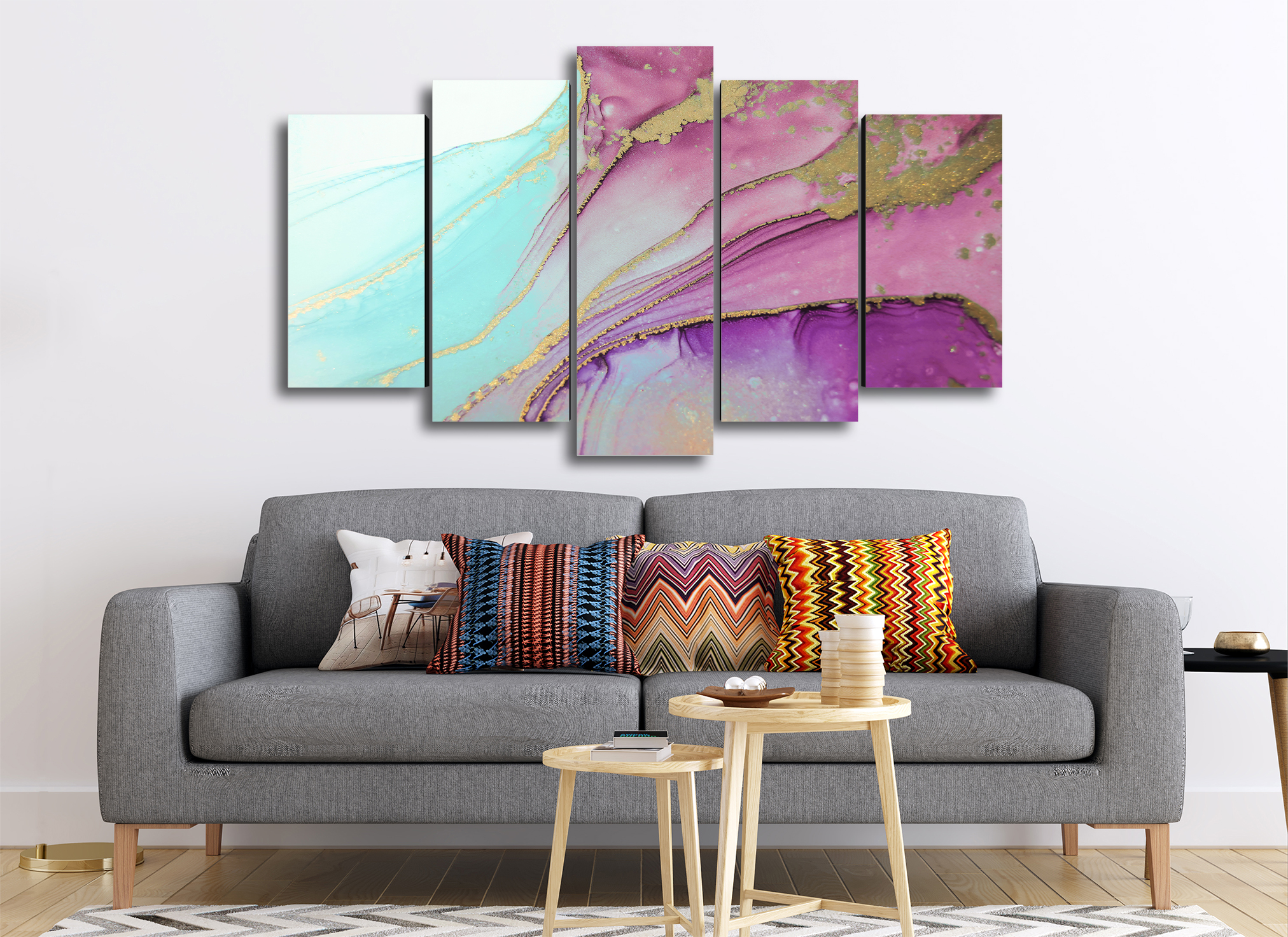 Cuadro Decorativo Abstracto Moderno Oro Violeta 100x60cm 5pzs Cuadros MX