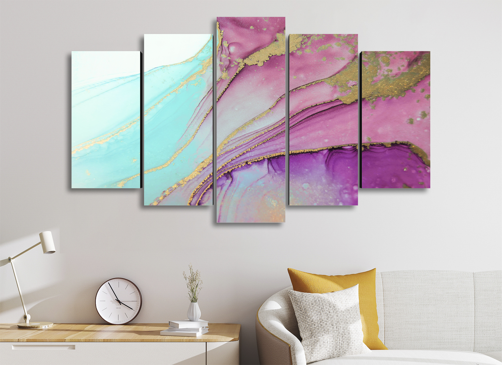 Cuadro Decorativo Abstracto Moderno Oro Violeta 100x60cm 5pzs Cuadros MX