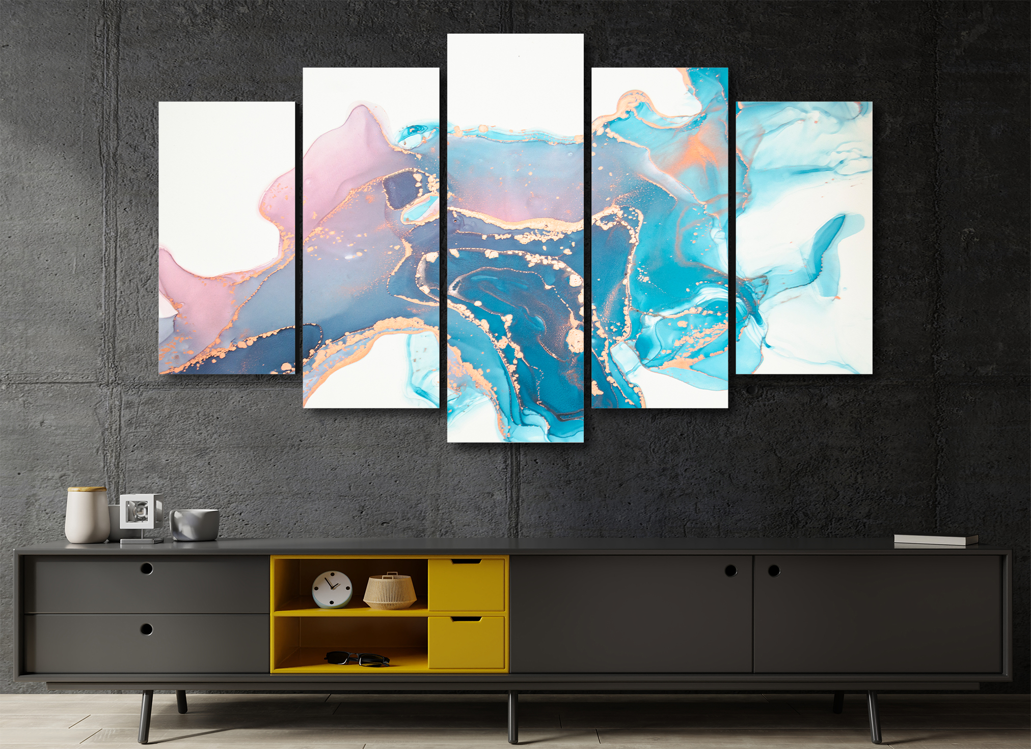 Cuadro Decorativo Abstracto Moderno Oro/Azul/Blanco 100x60cm 5pzs Cuadros MX