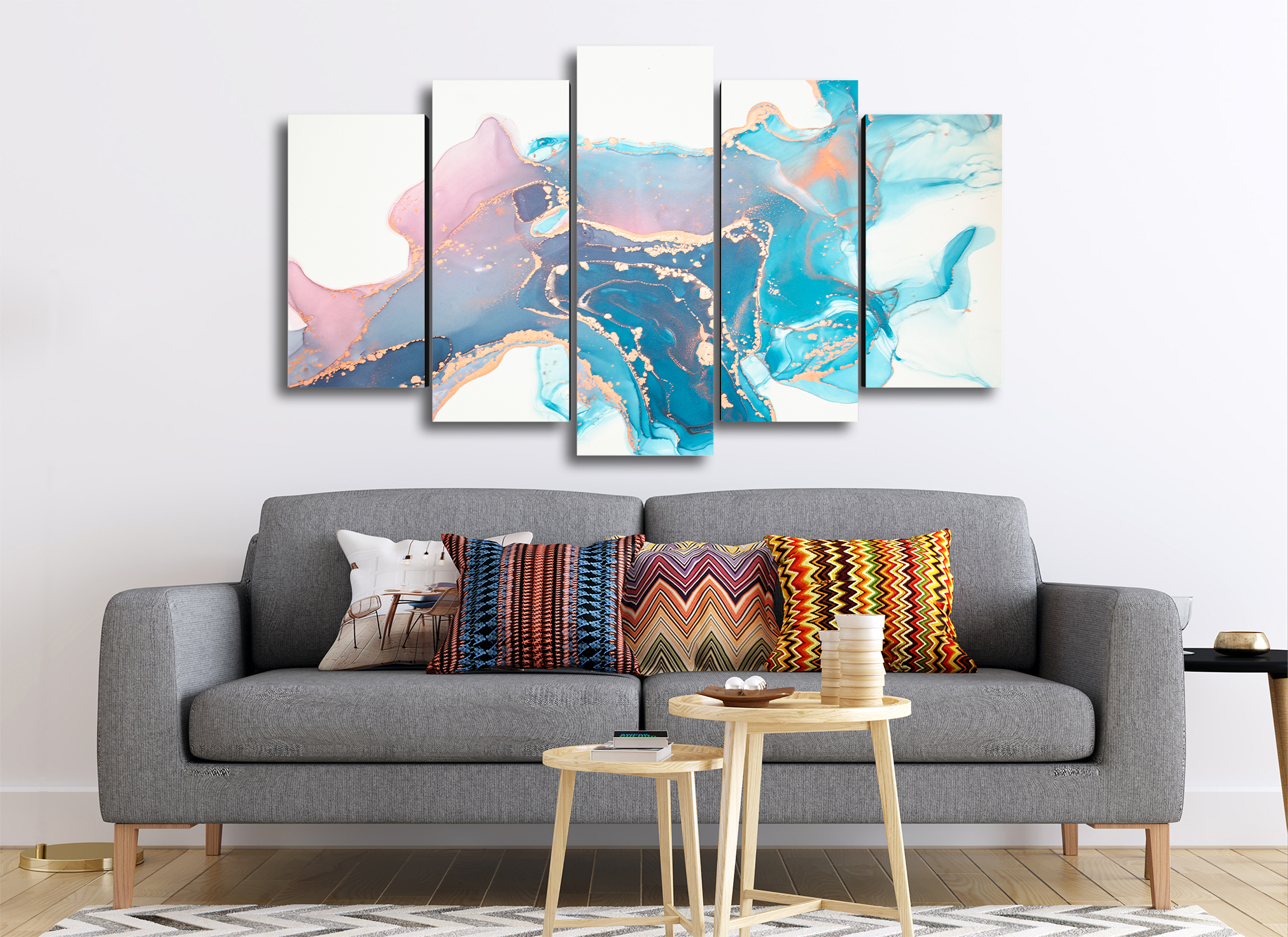 Cuadro Decorativo Abstracto Moderno Oro/Azul/Blanco 100x60cm 5pzs Cuadros MX