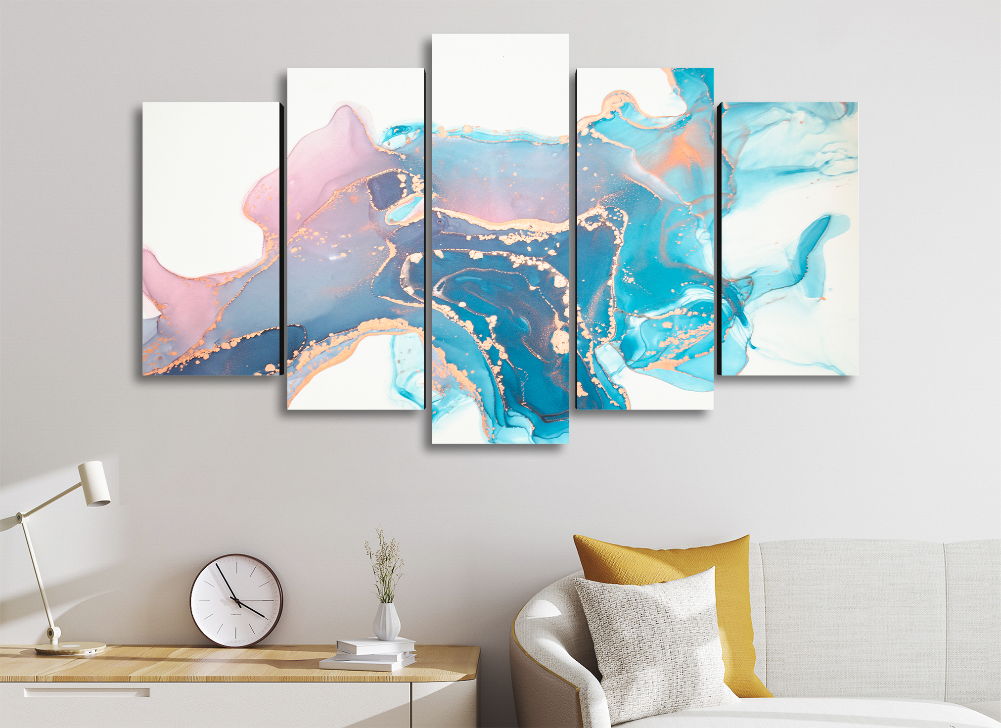 Cuadro Decorativo Abstracto Moderno Oro/Azul/Blanco 100x60cm 5pzs Cuadros MX