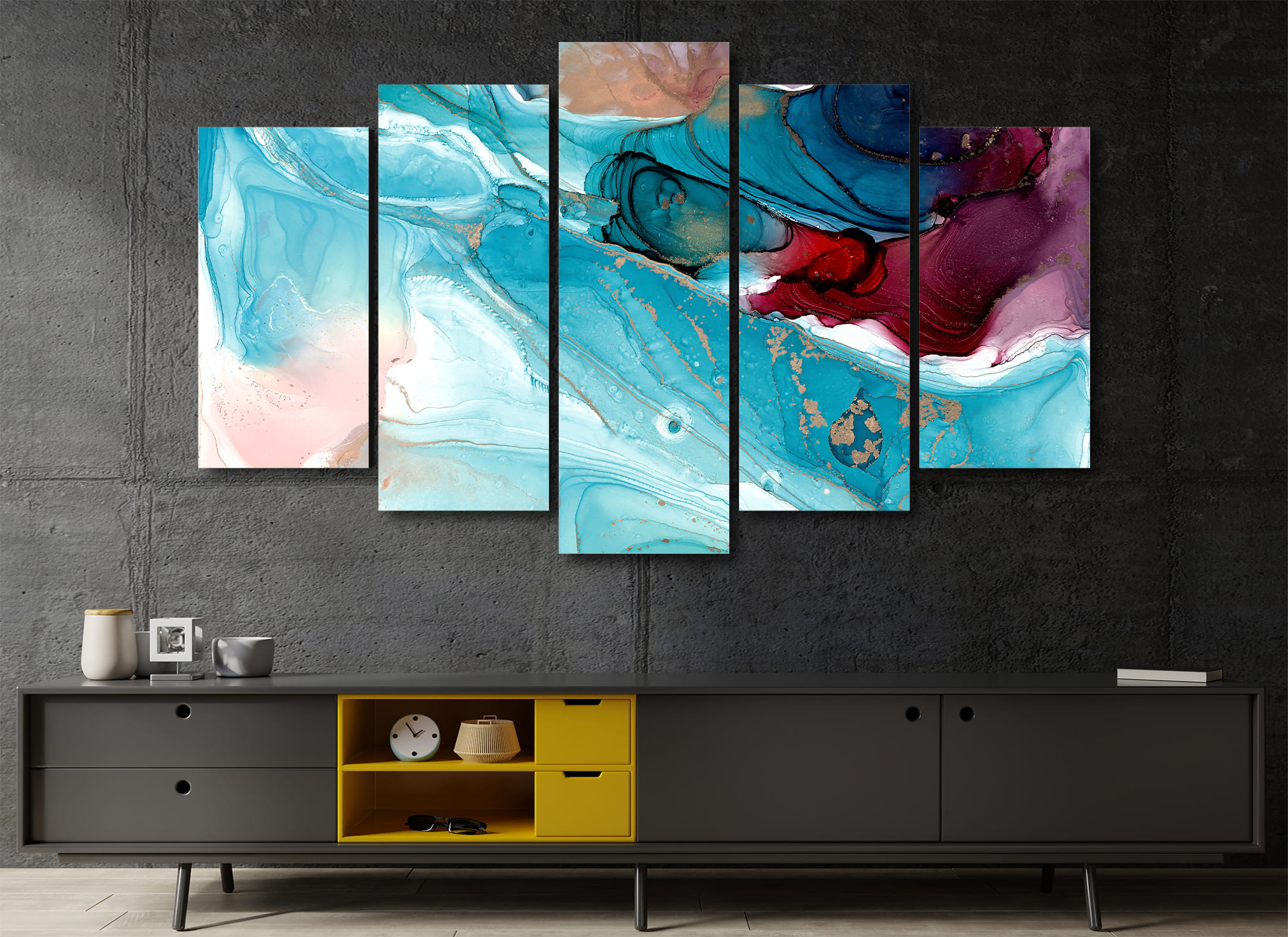 Cuadro Decorativo Abstracto Moderno Agua Marina 100x60cm 5pzs Cuadros MX